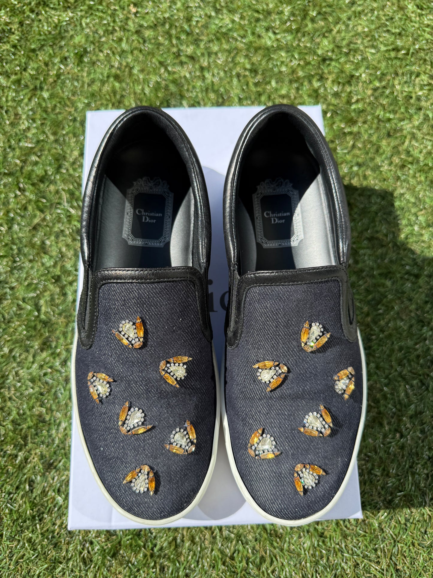 Christian Dior Navy Blue/Black Denim Leather Trim Bee Embellished Slip On Sneakers Pre-owned