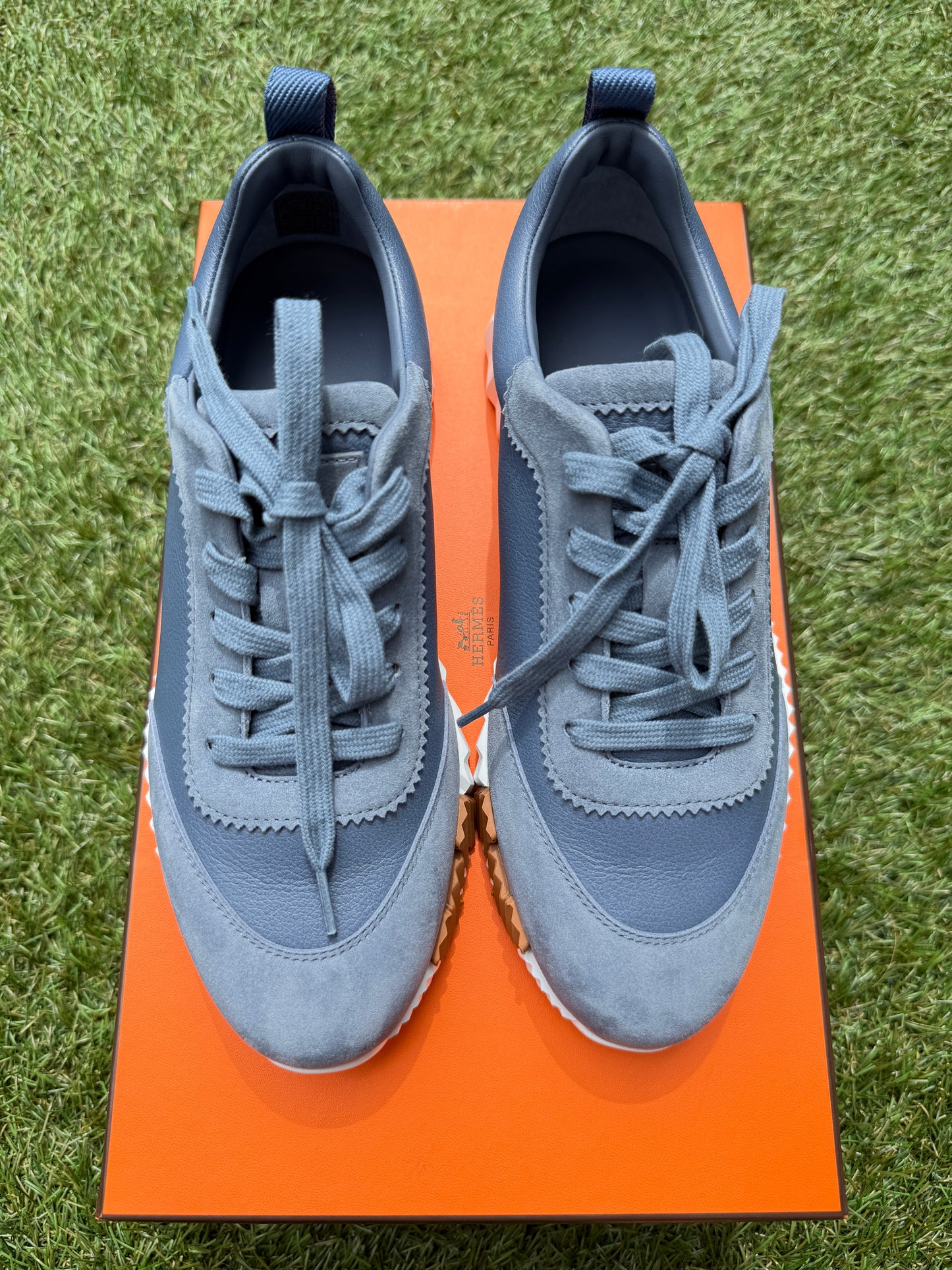 HERMES BOUNCING BLUE MER LEATHER SUEDE WHITE SOLE TRAINERS FASHION SNEAKERS