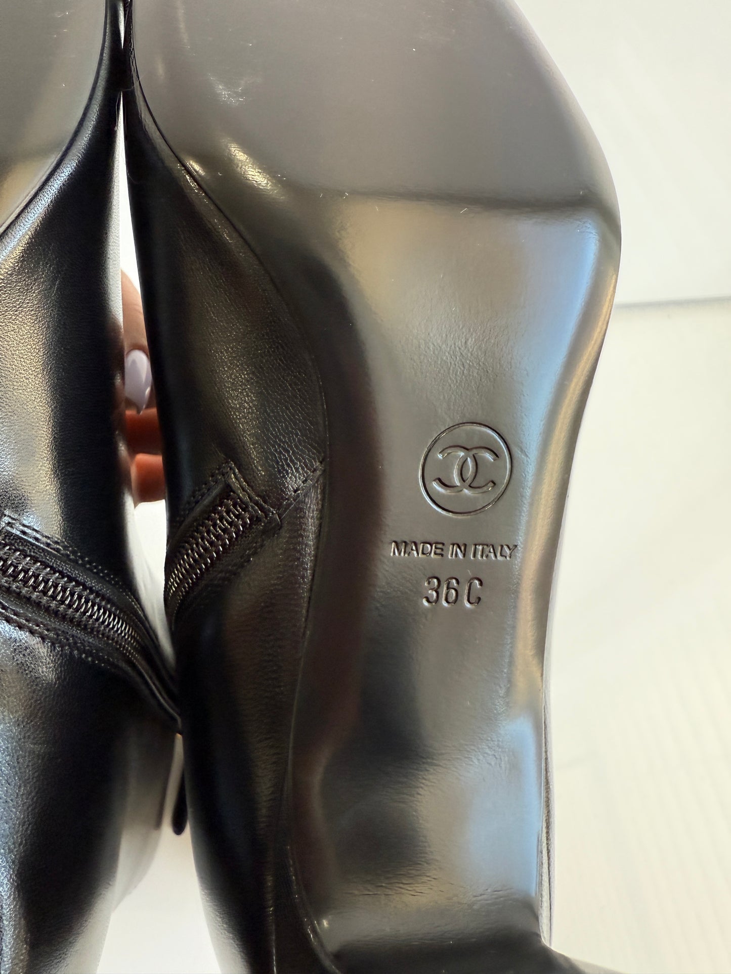 Chanel Black Lambskin Leather CC Logo Cap Toe Booties Ankle Boots Low Heel