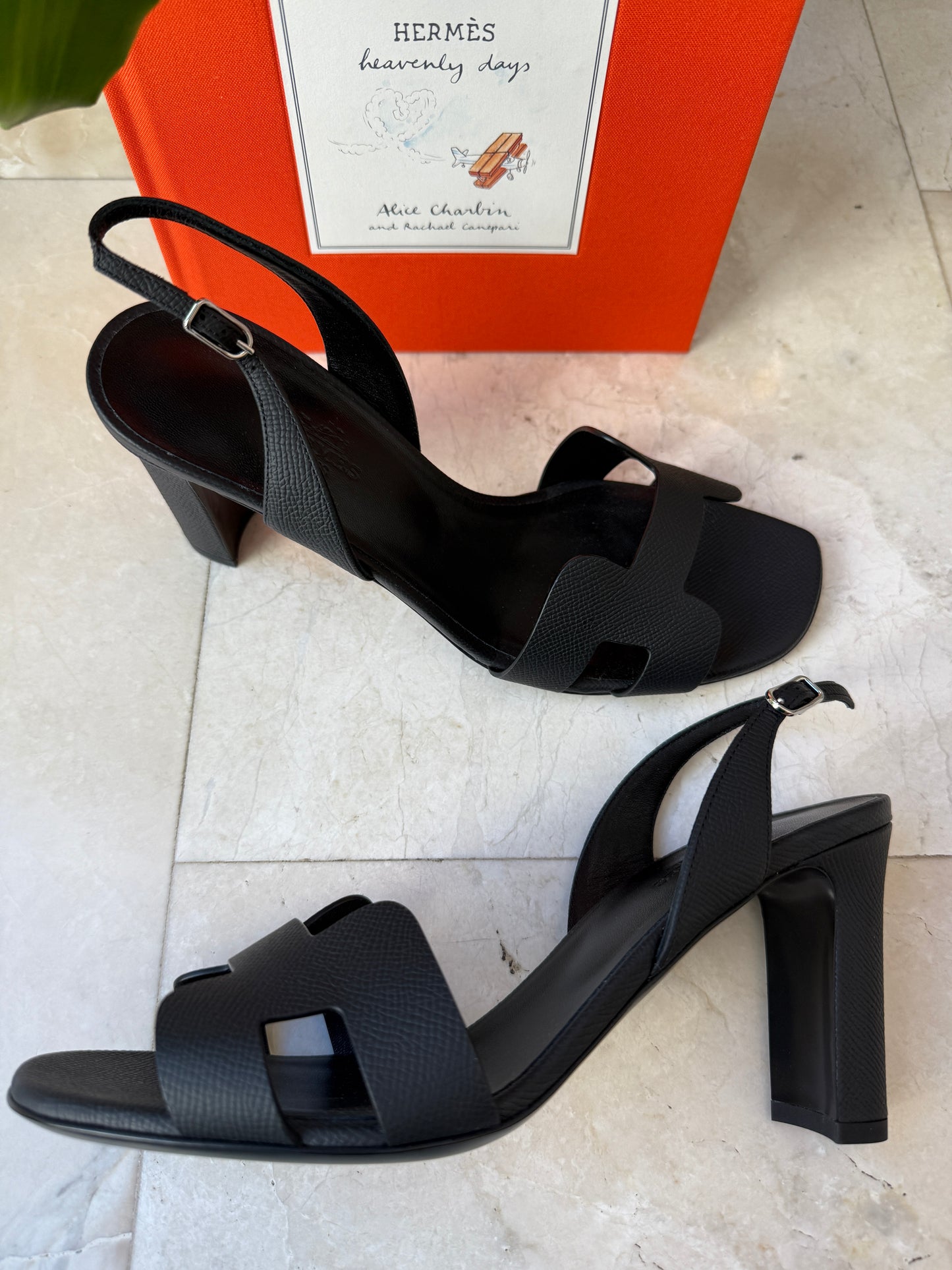 HERMES ETERNITE 80 SANDALS BLACK NOIR EPSOM HIGH HEELS SLINGBACK SHOES