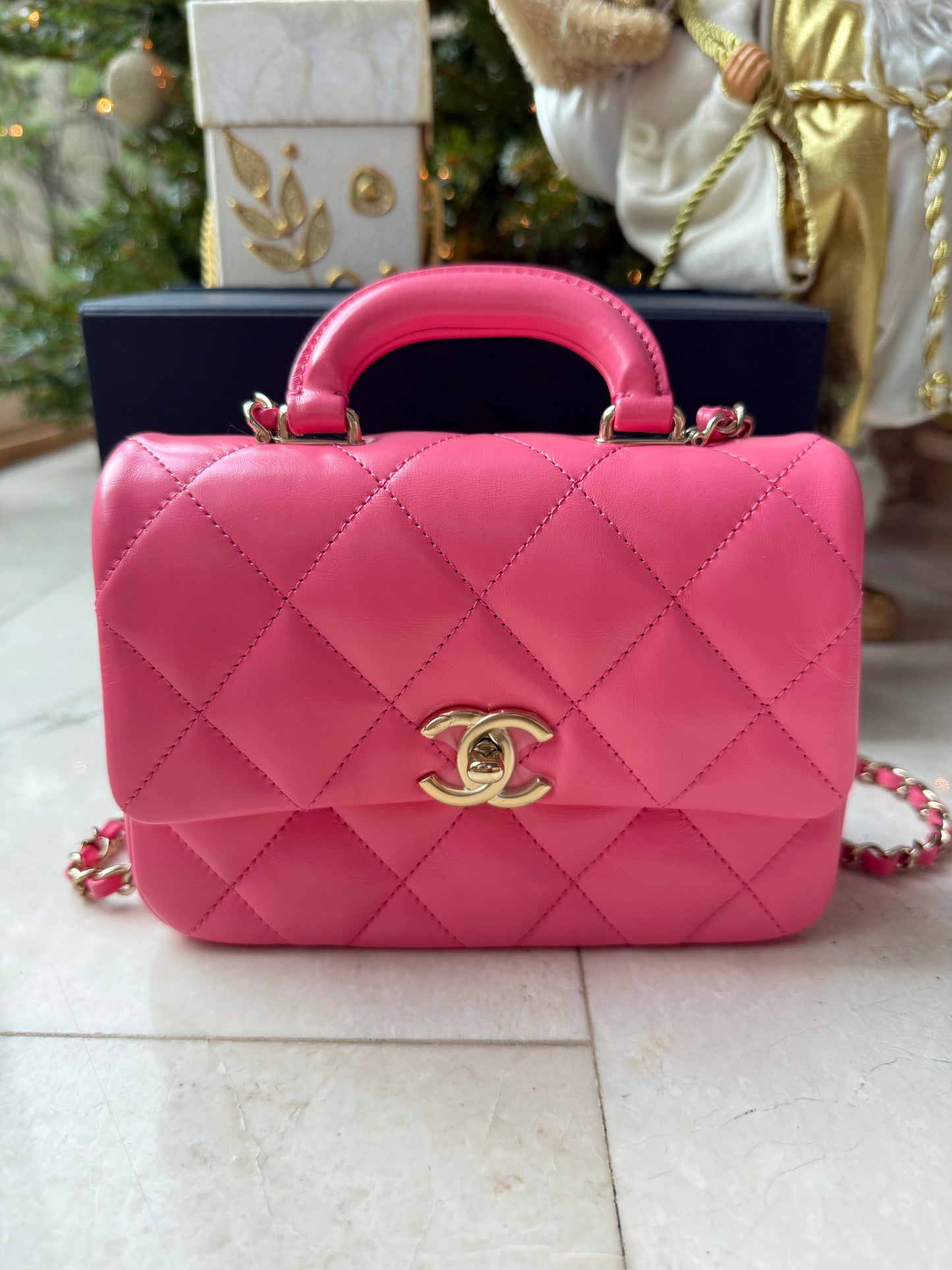 CHANEL 2024C PINK LEATHER MINI RECTANGULAR CROSSBODY TOP HANDLE BAG GOLD HW
