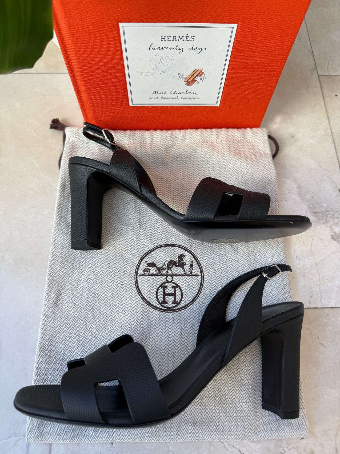 HERMES ETERNITE 80 SANDALS BLACK NOIR EPSOM HIGH HEELS SLINGBACK SHOES