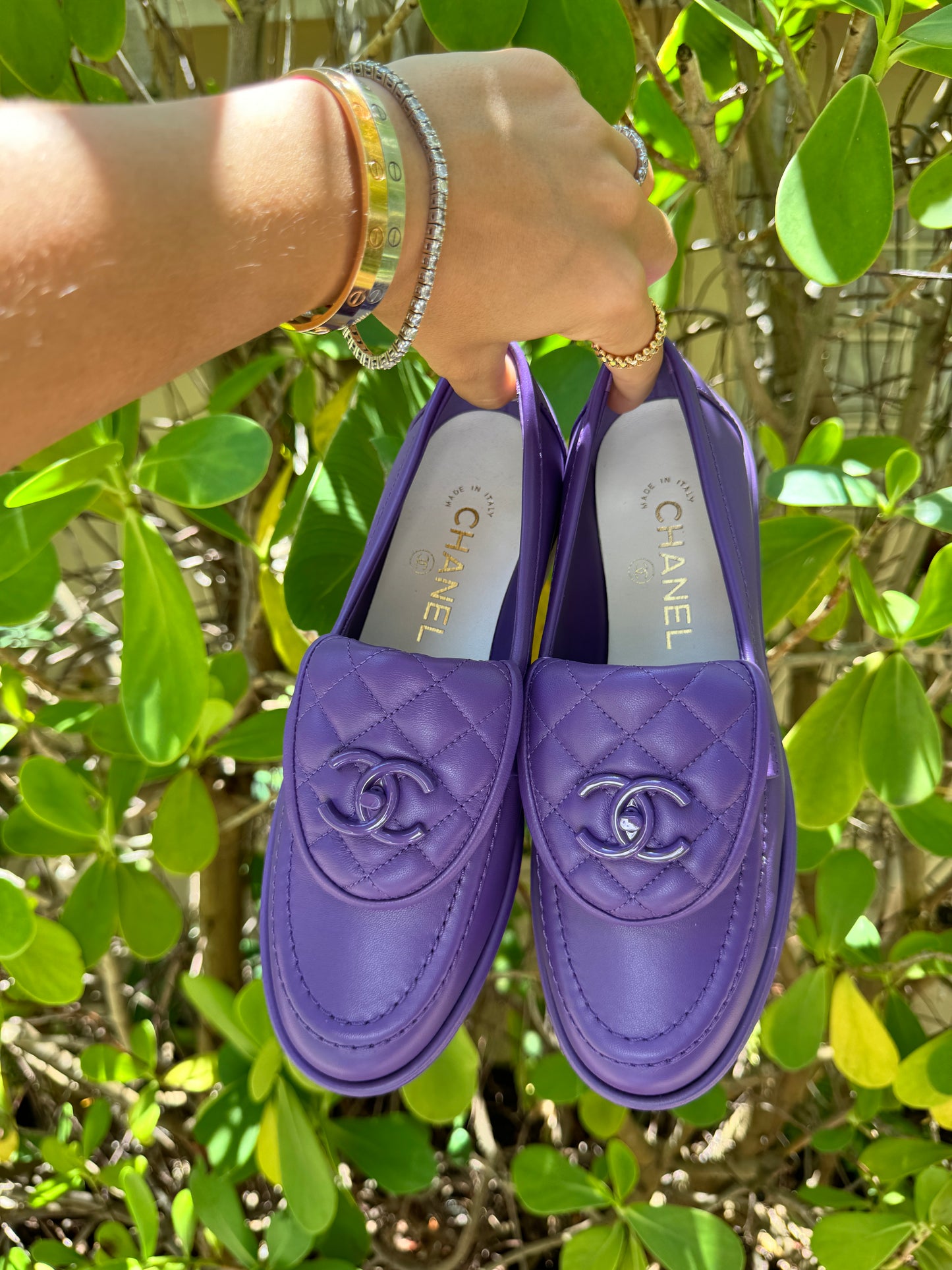 Chanel 23P Purple Quilted Flap Turn Lock CC Logo Slip On Flat Oxford Loafers Mocassins