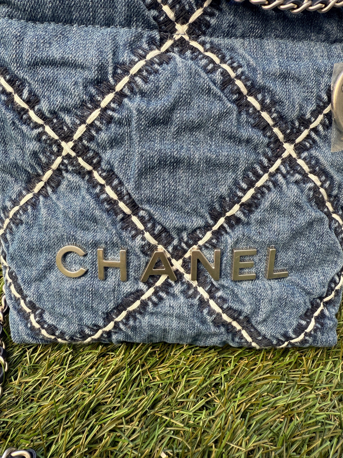 Chanel 22 Mini Denim Blue Quilted Jean Stitched Crossbody Hobo Bag Handbag 24P