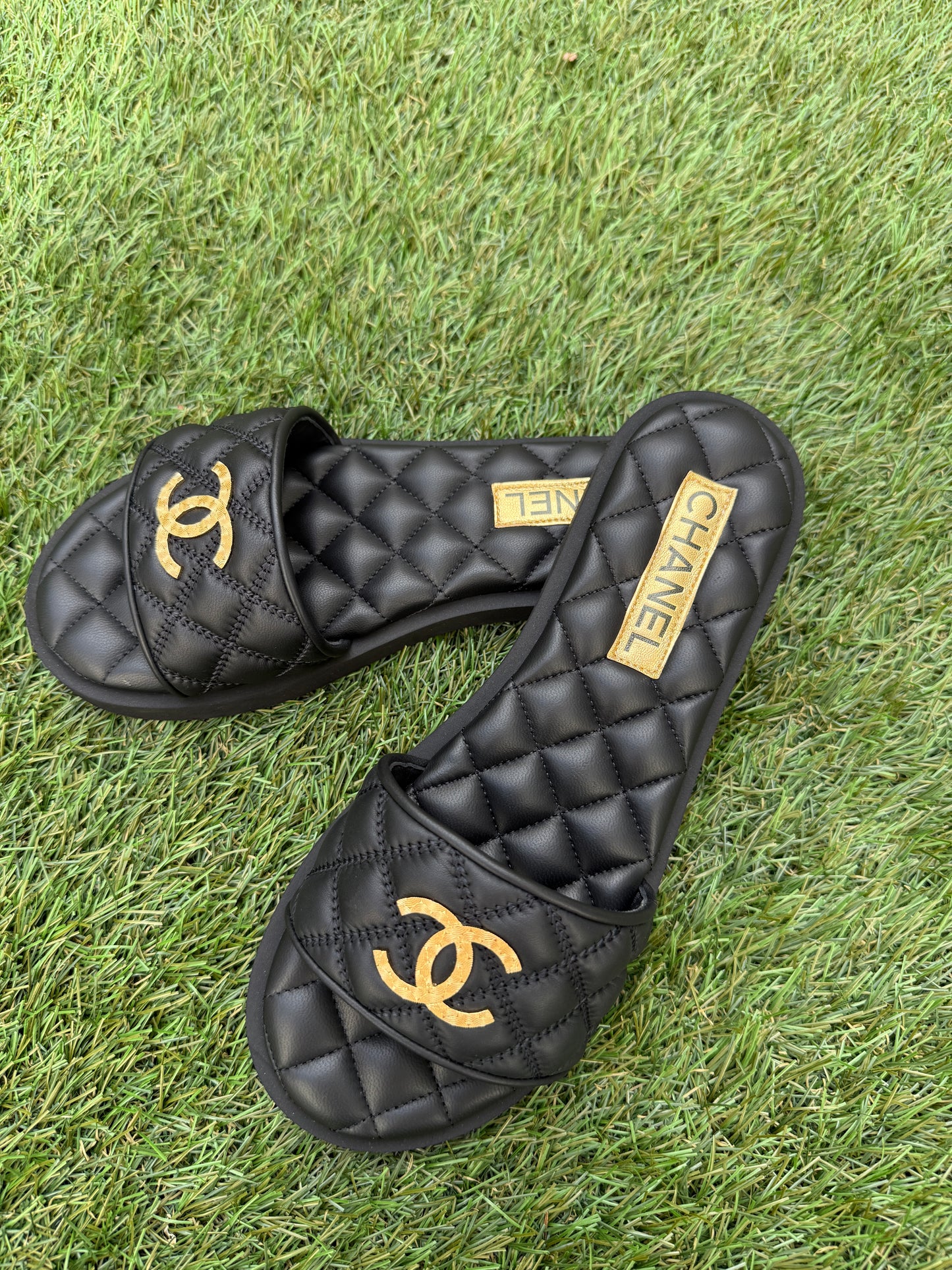 Chanel SS25 Black Leather Quilted CC Gold Tone Logo Sandals Slides Mules