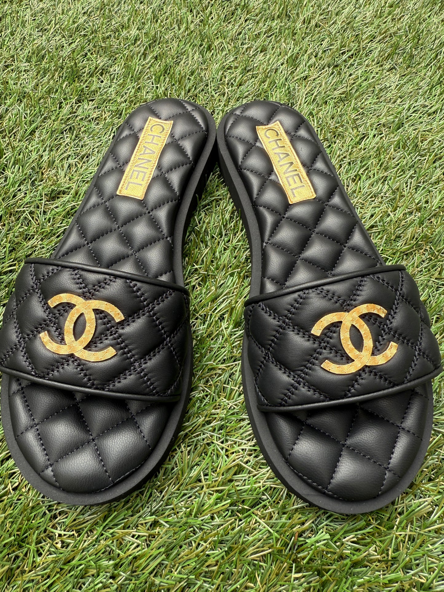 Chanel SS25 Black Leather Quilted CC Gold Tone Logo Sandals Slides Mules