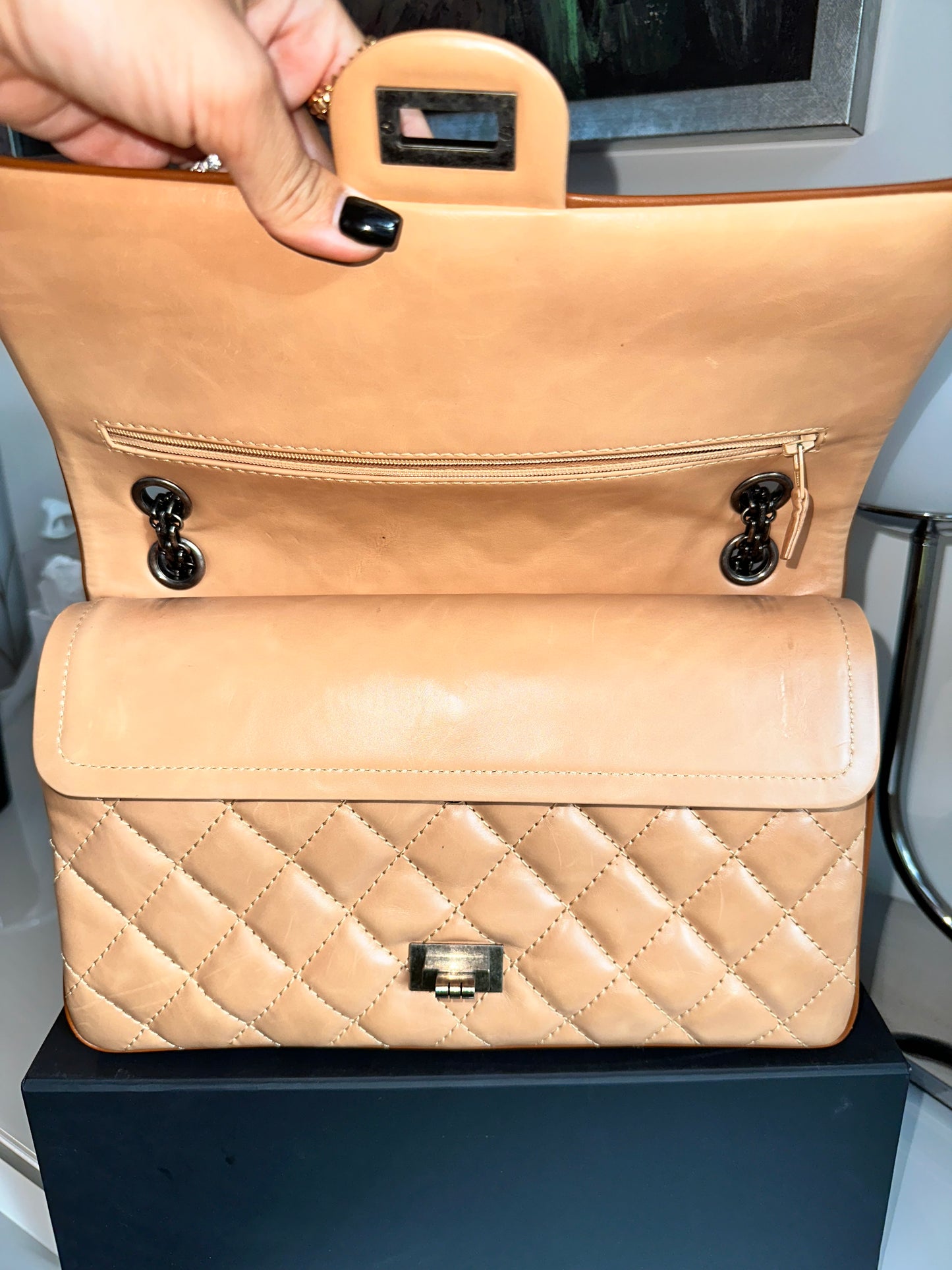 Chanel Reissue 226 Medium Double Flap Beige Two Tone Lambskin Quilted Handbag Bag Pre-Owned
