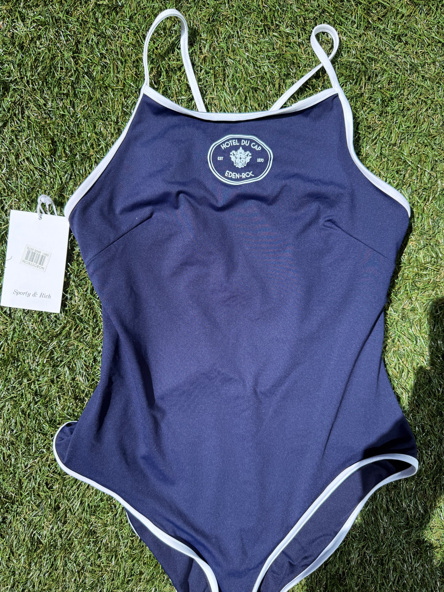Sporty and Rich Eden-Roc Hotel Du Cap Navy Blue Crest One Piece Swimsut