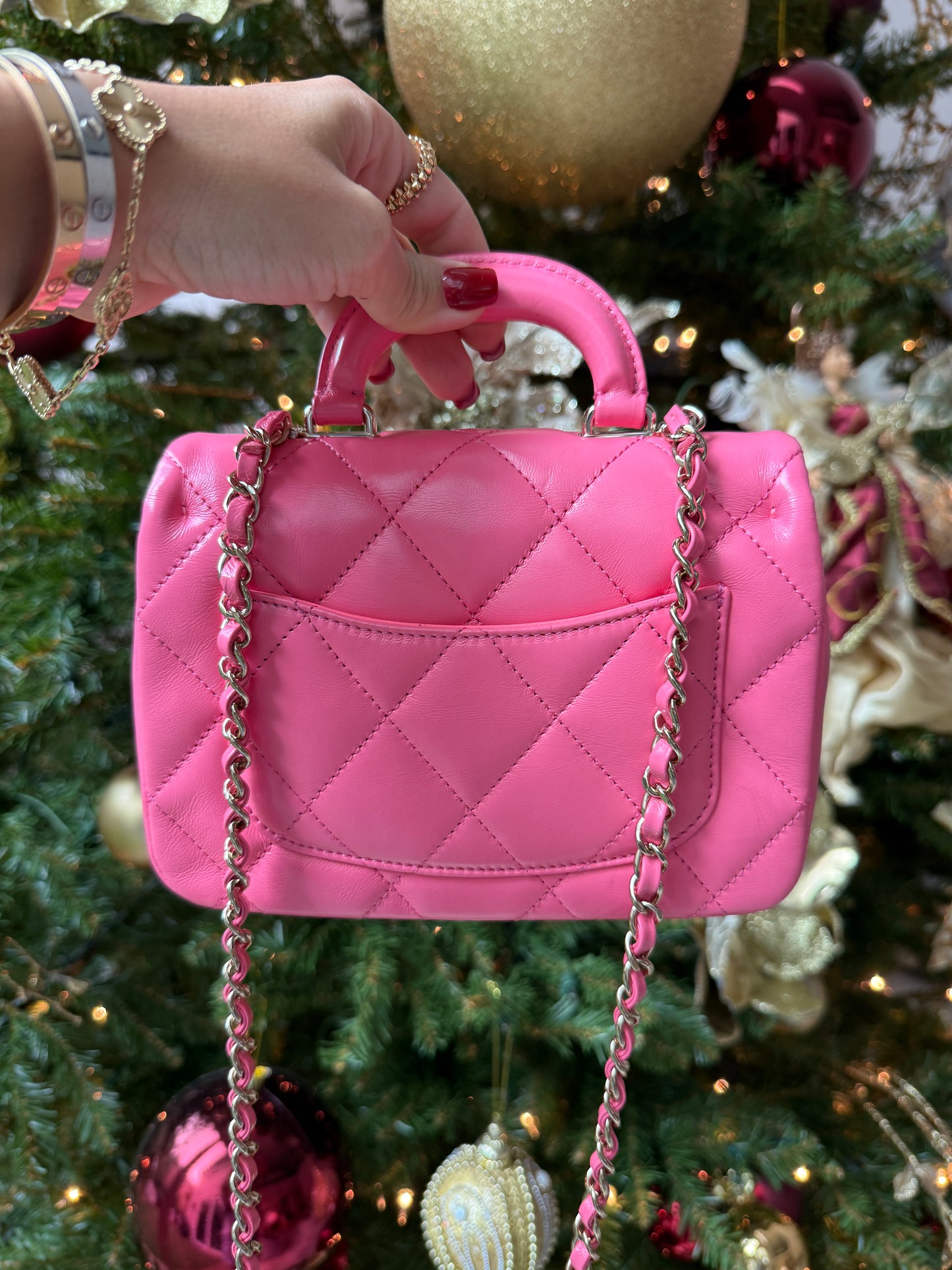 CHANEL 2024C PINK LEATHER MINI RECTANGULAR CROSSBODY TOP HANDLE BAG GOLD HW