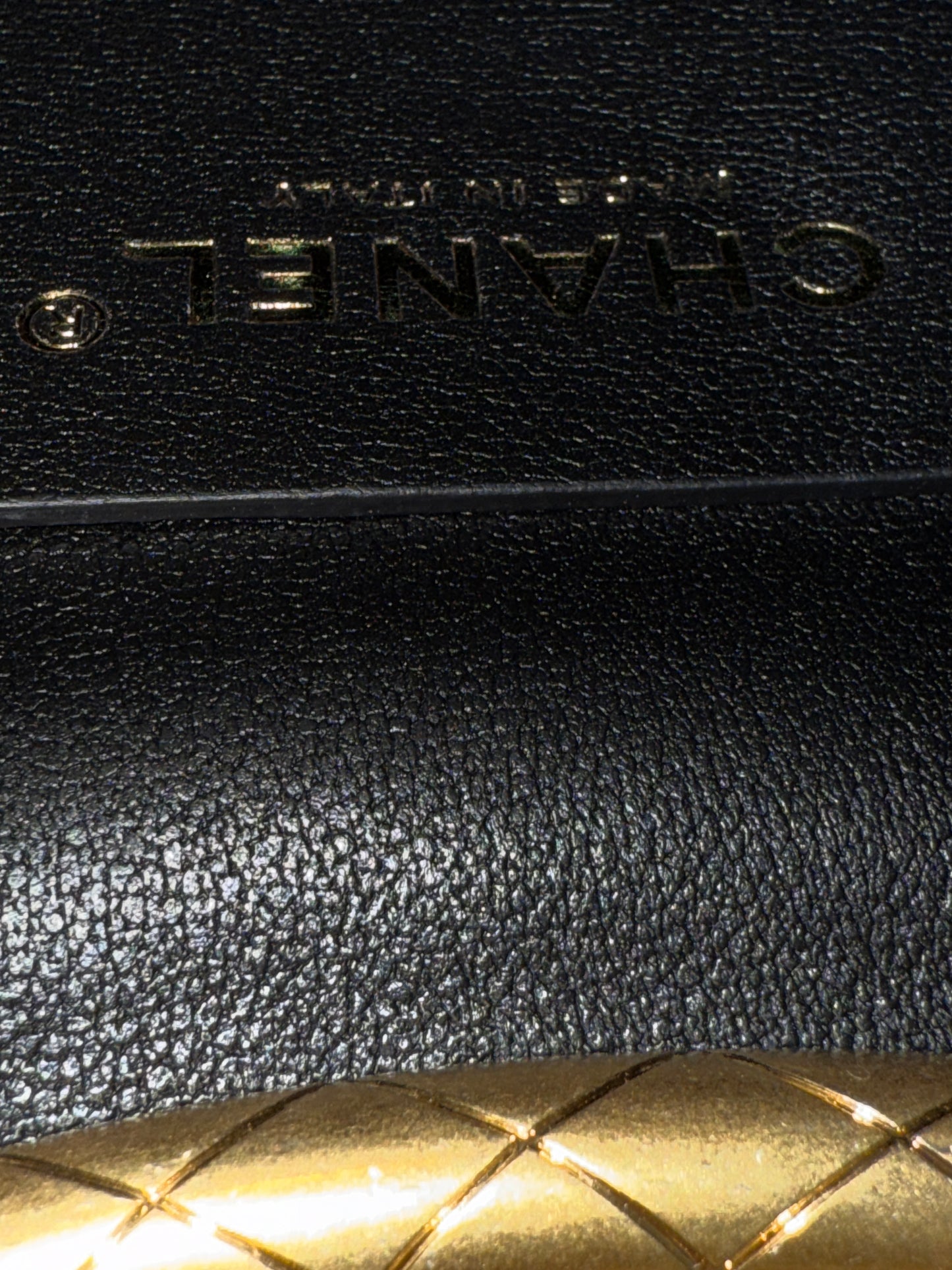 Chanel Quilted Black Lambskin Leather Chain Handle Pocket Gold Tone CC Logo Shoulder Clutch Purse
