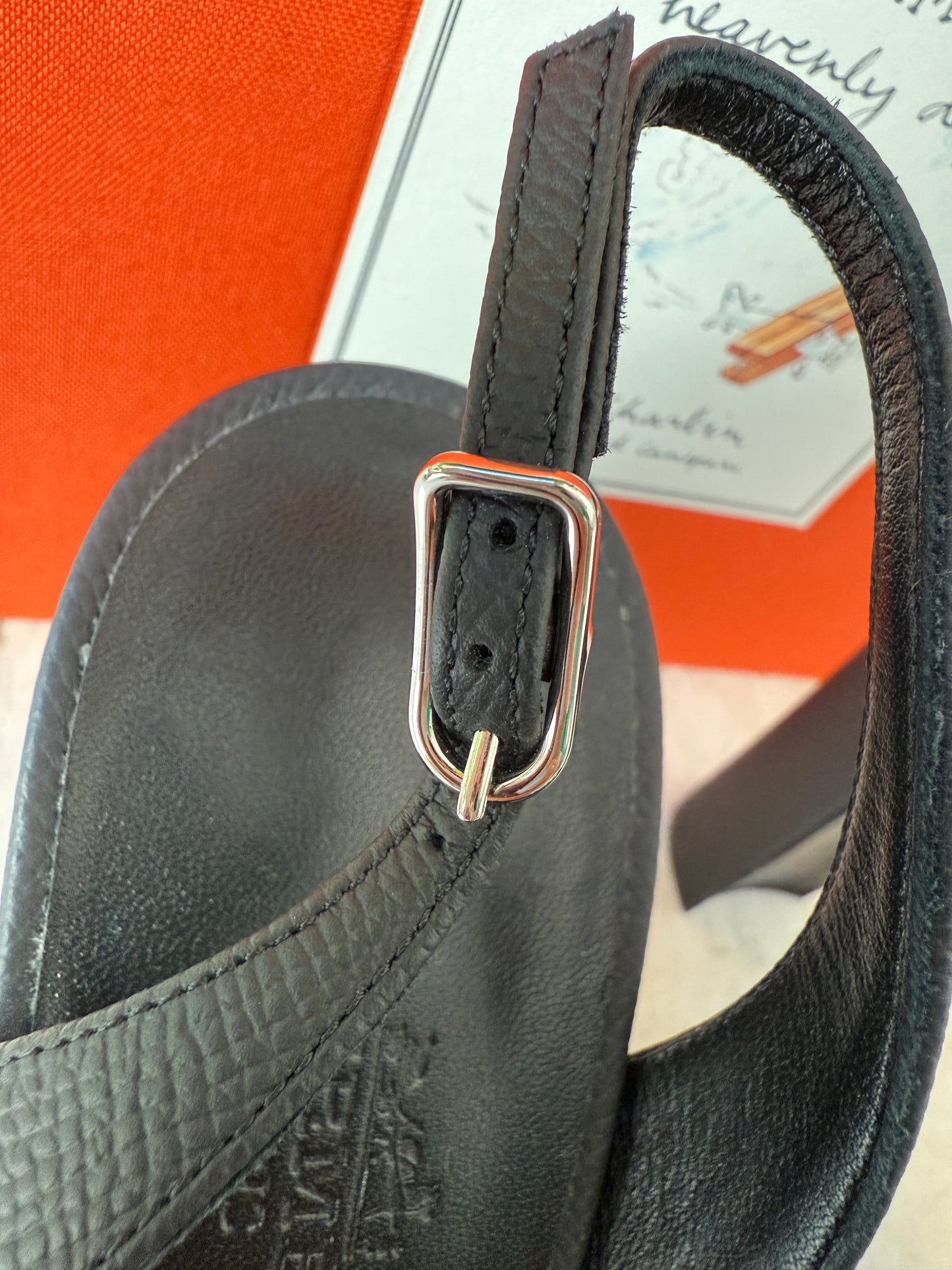 HERMES ETERNITE 80 SANDALS BLACK NOIR EPSOM HIGH HEELS SLINGBACK SHOES