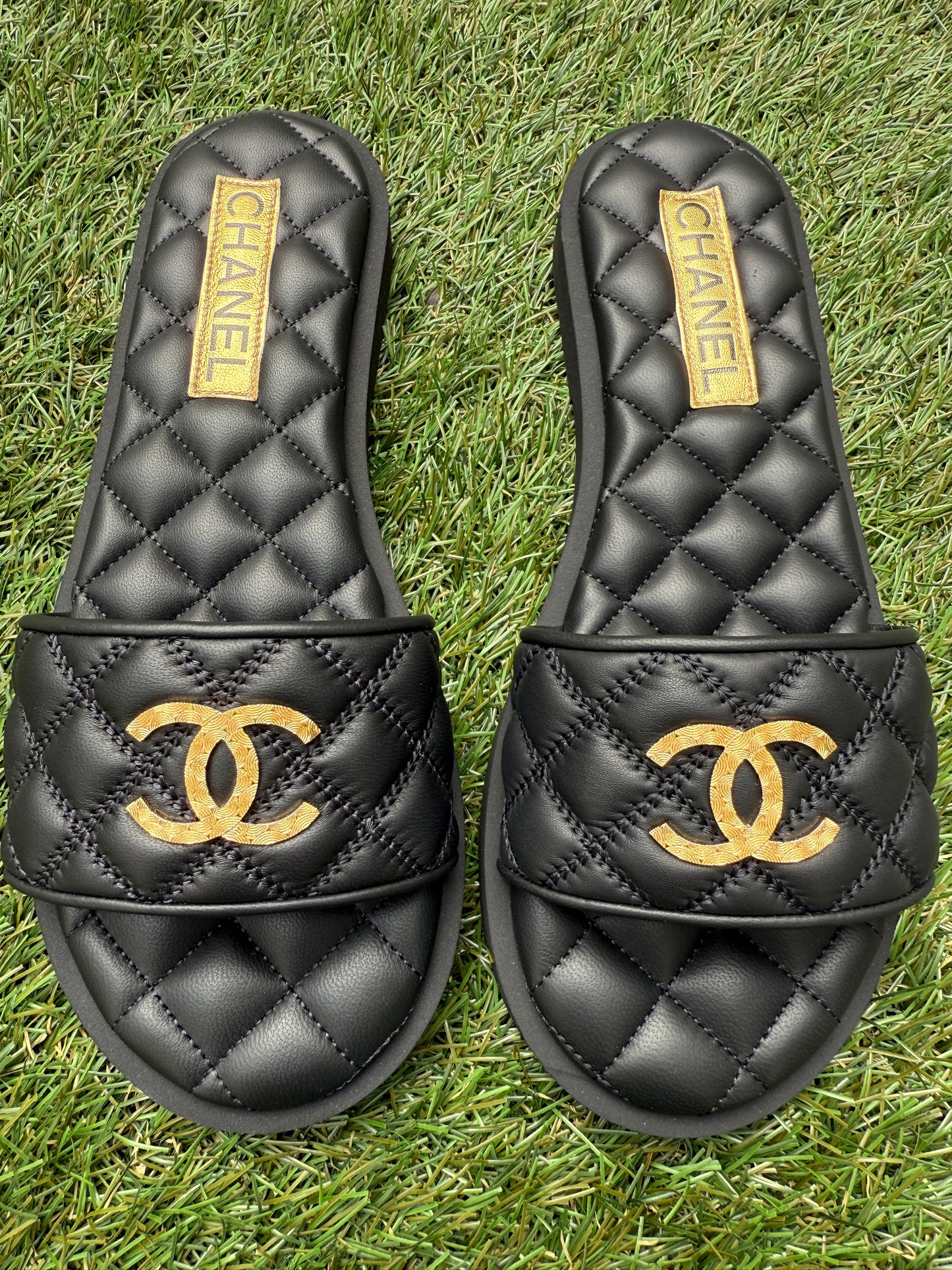 Chanel SS25 Black Leather Quilted CC Gold Tone Logo Sandals Slides Mules