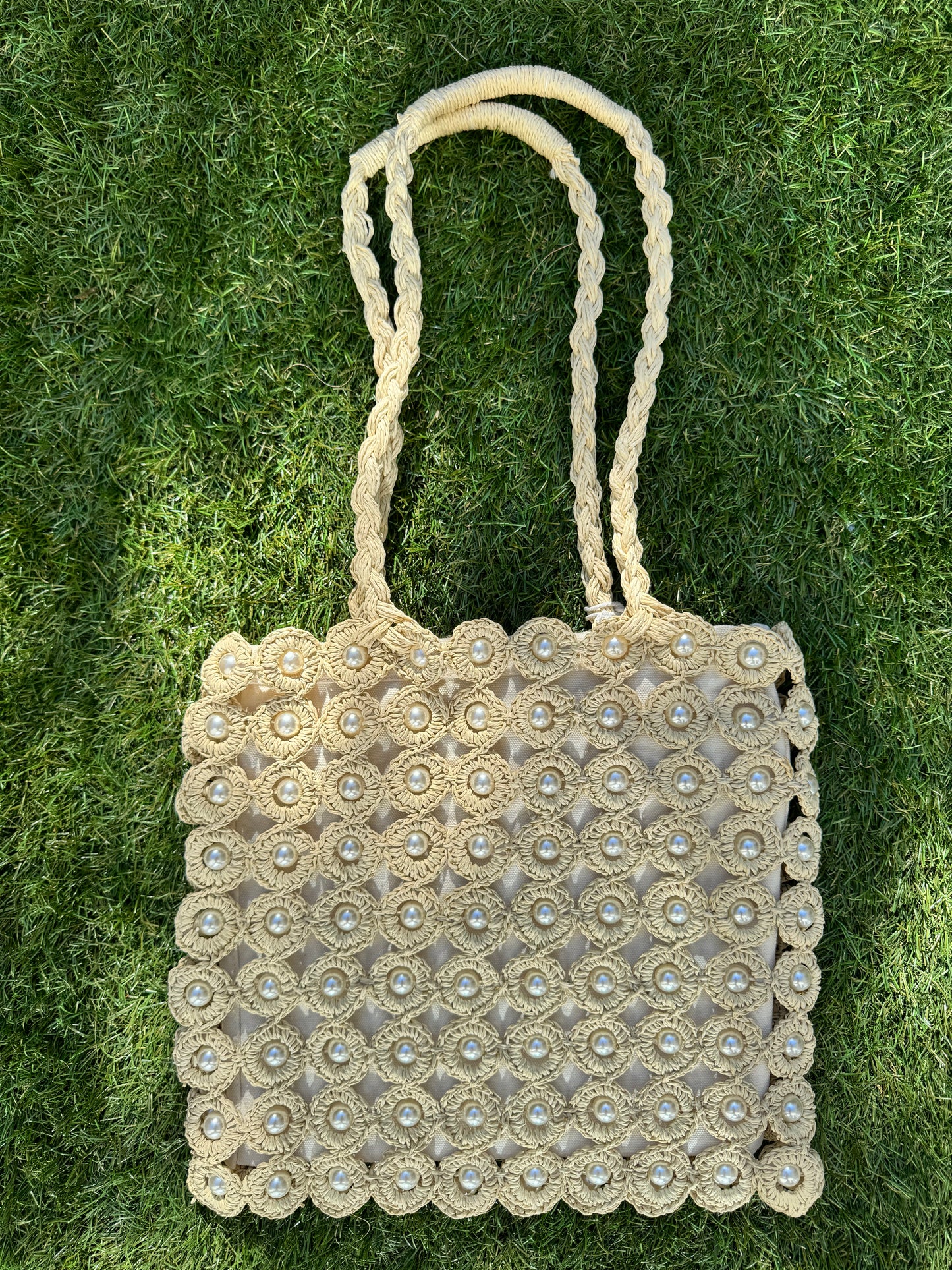 Haute Hippie Style Handwoven Double Handle Straw Raffia Pearl Embellished Tote