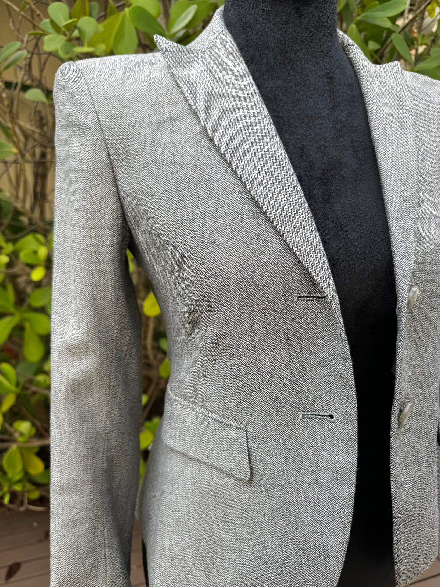 Theory Light Gray Zig Zag Collared Slim Short Cotton Wool Blazer Jacket Pre-Owned