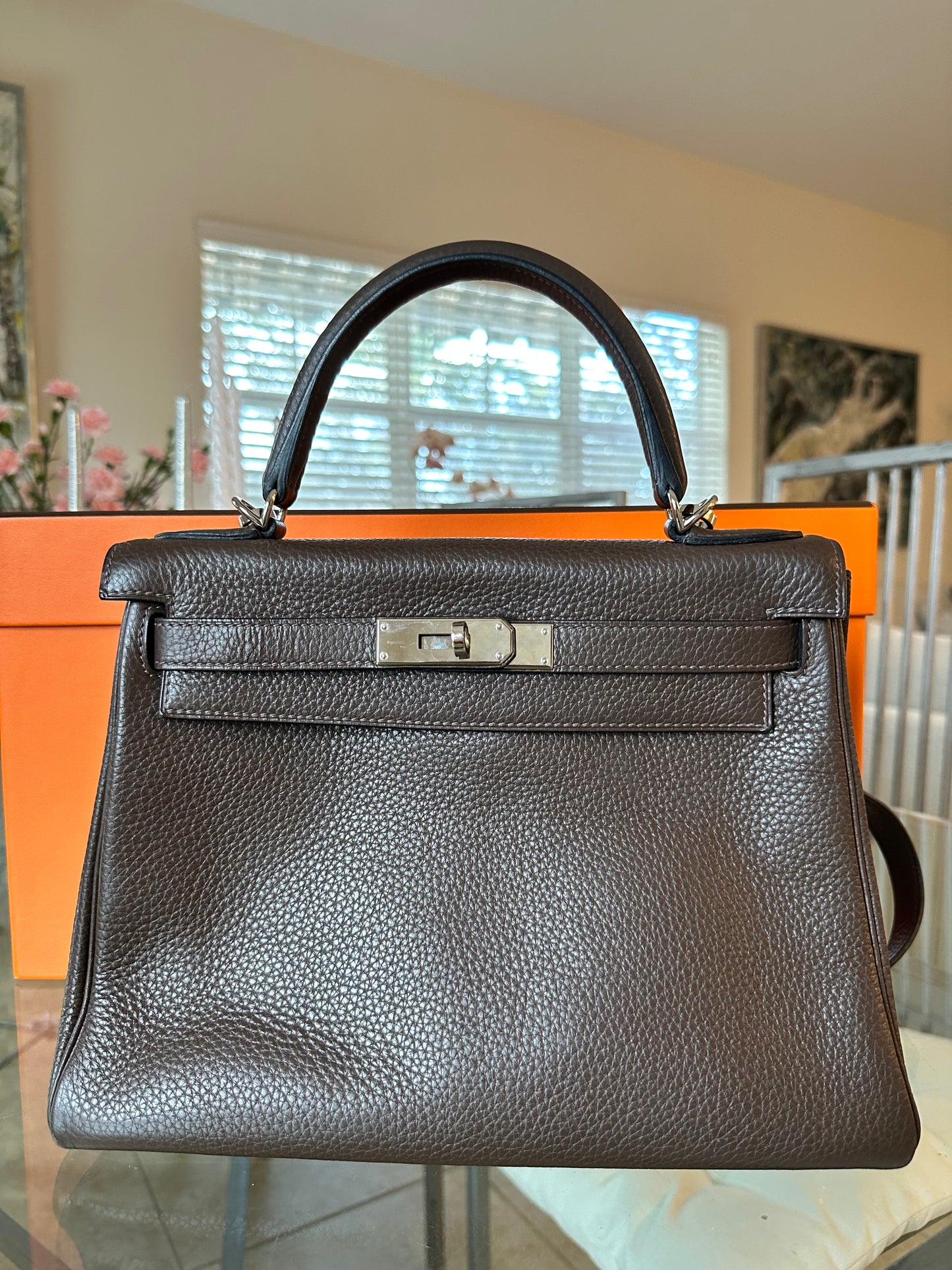 Hermes Kelly 28 Cafe Coffee Brown Clemence Palladium Hardware PHW Pre-Owned