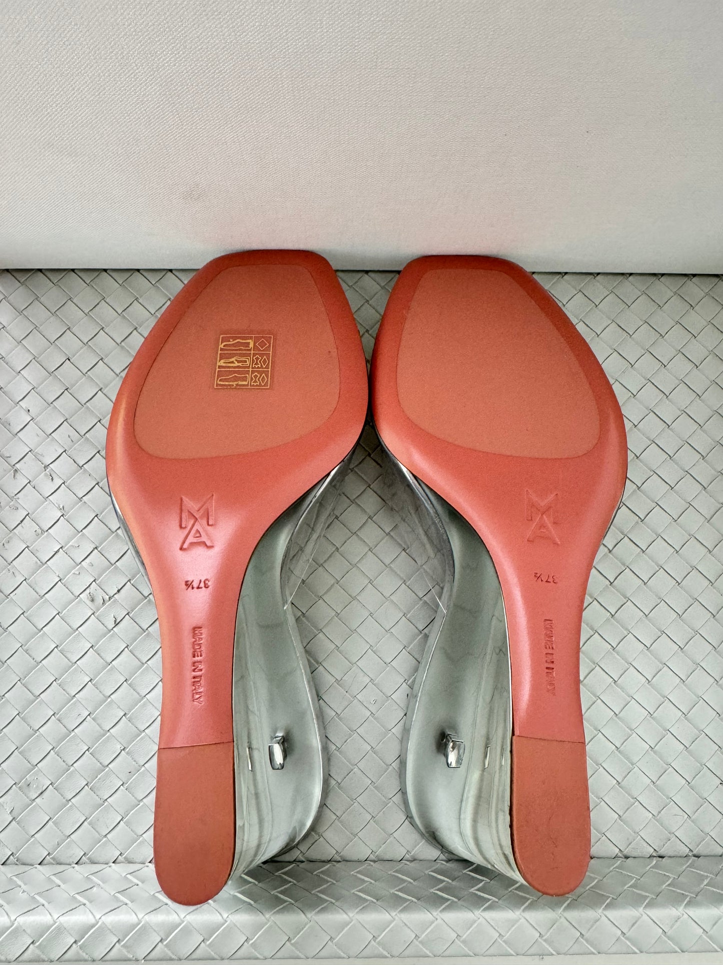 Amina Muaddi Lupita Glass Wedge PVC Clear Silver Mule Sandals Heel Shoes