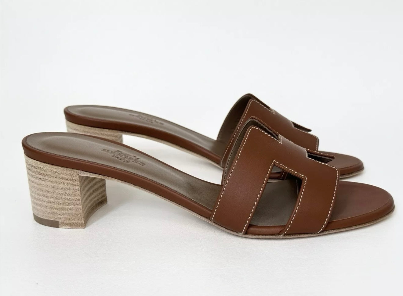 HERMES H OASIS SANDALS IN GOLD BROWN LEATHER SHOES MULES SLIDES HEELS