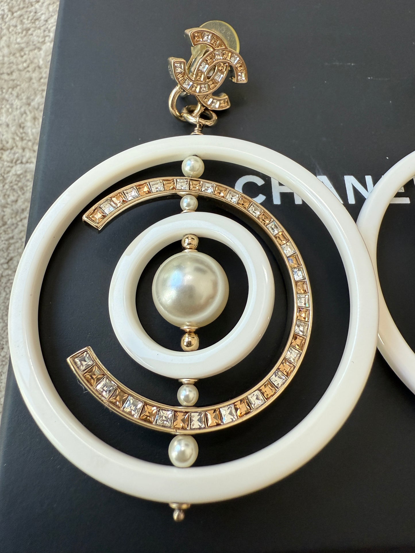 Chanel 18B Ivory White Resin Plastic Disco CC Logo Crystal Gold Tone Pearls Round Clip on Earrings Drop Hoop