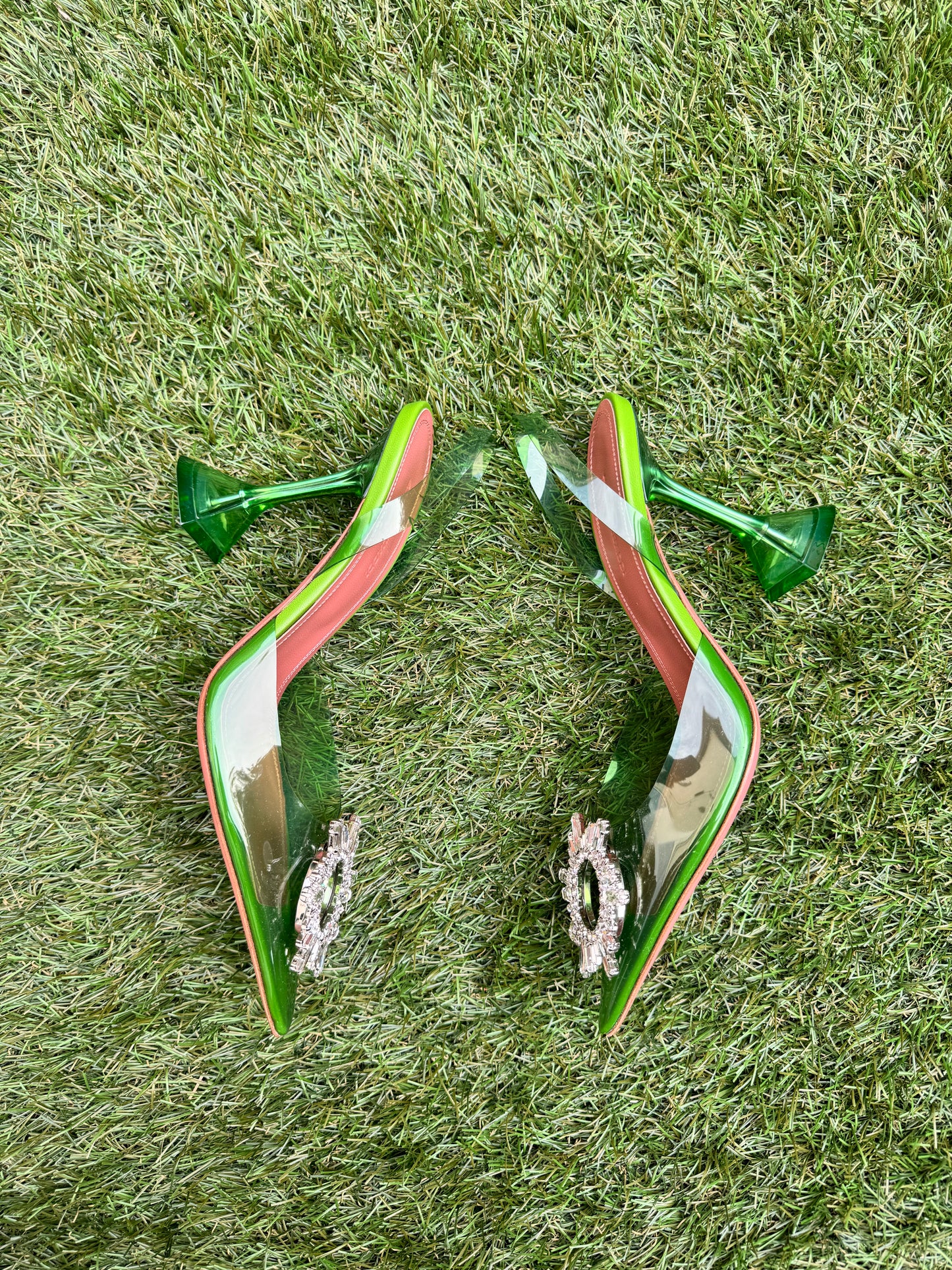 Amina Muaddi Begum Glass Jungle Green PVC Buckle Crystal Embellished Pumps Slingback Heel