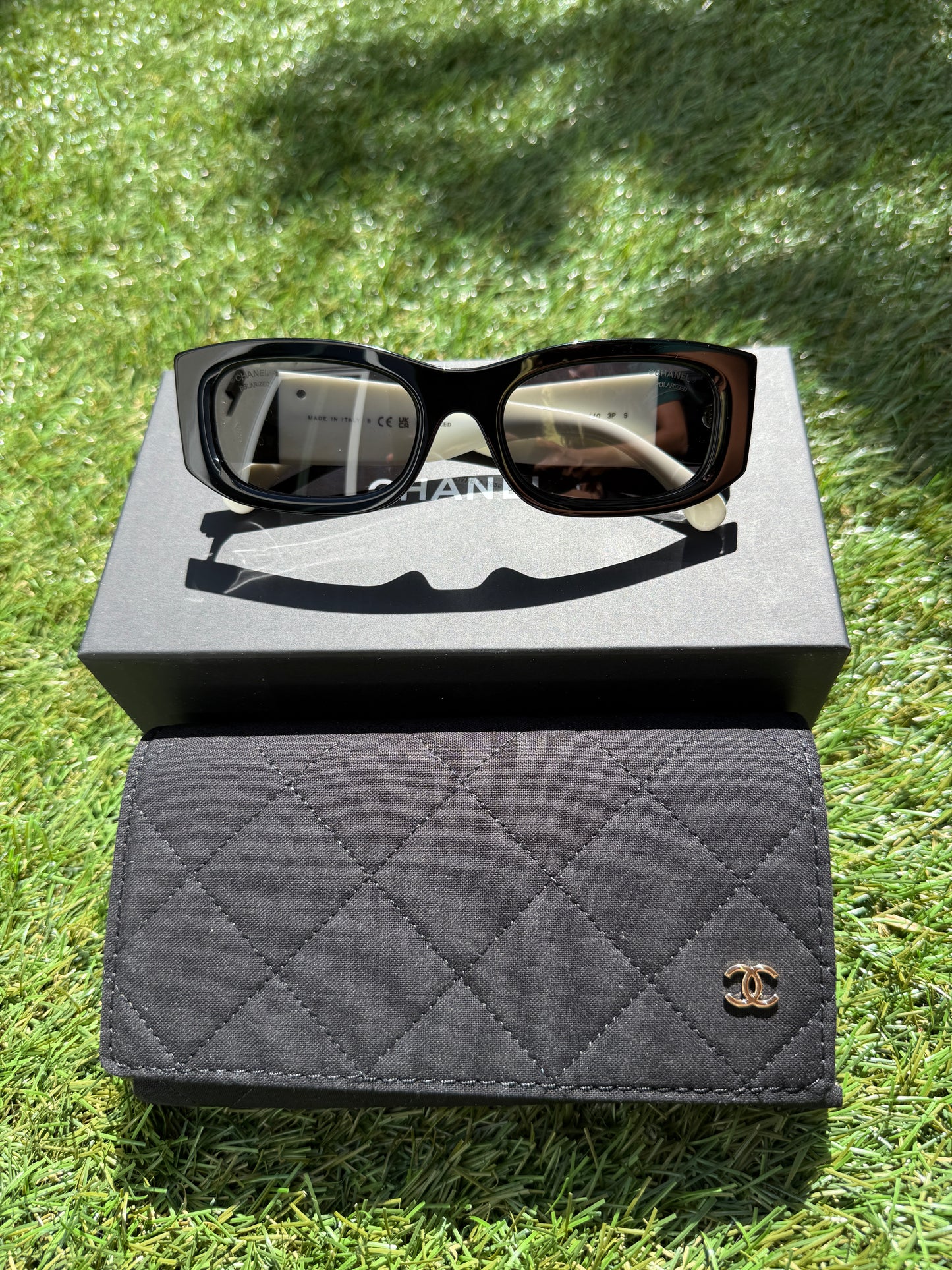 Chanel Polarized Rectangle Sunglasses Black White CC Logo CH5525 Acetate 52mm