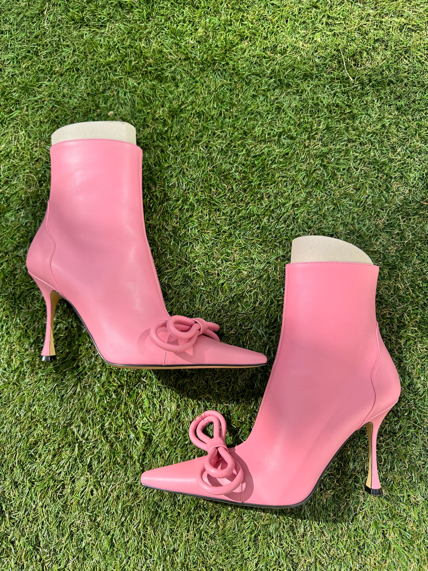 Mach & Mach Double Bow Pink Leather Pointed Toe Boots Booties