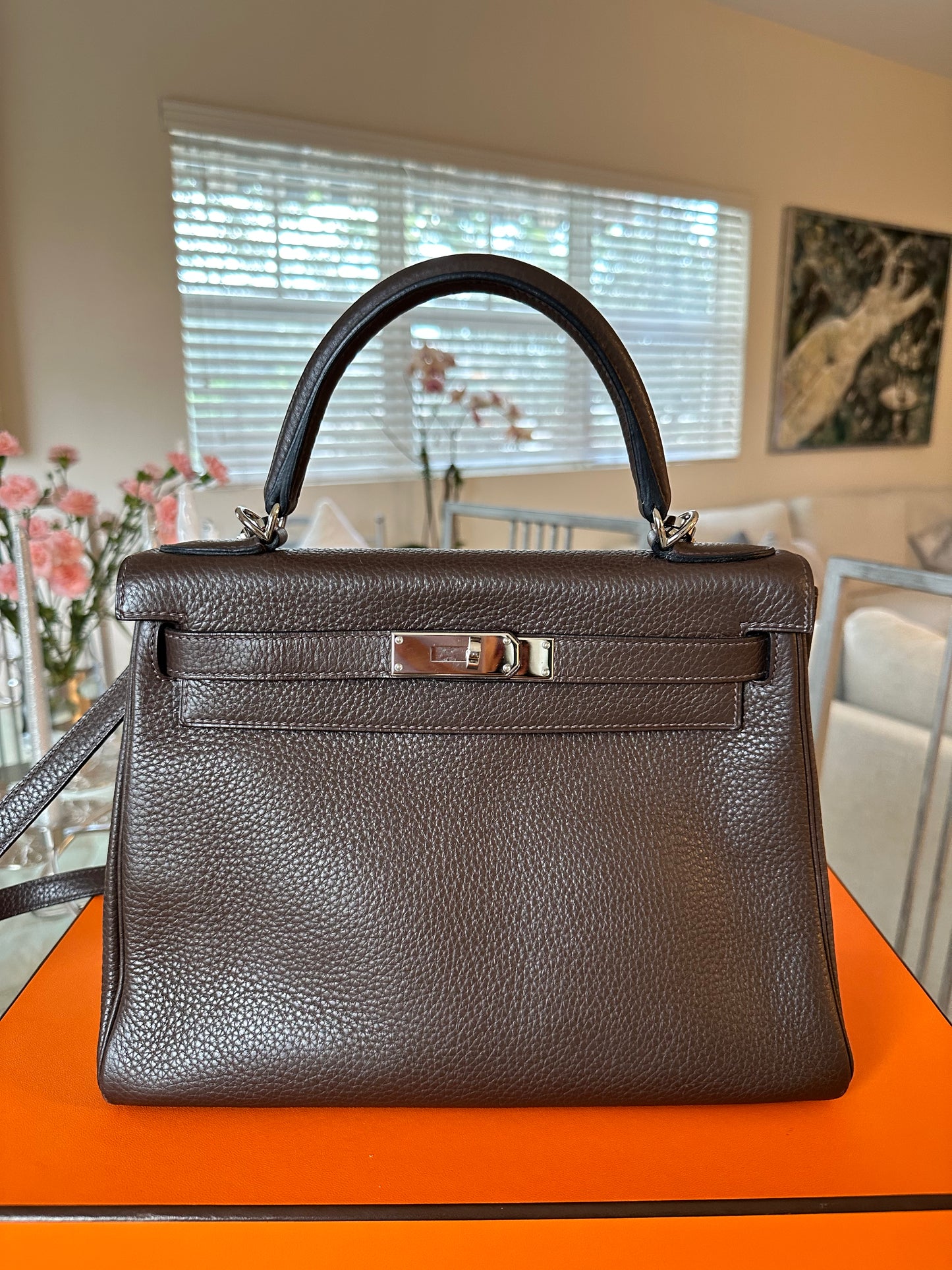 Hermes Kelly 28 Cafe Coffee Brown Clemence Palladium Hardware PHW Pre-Owned