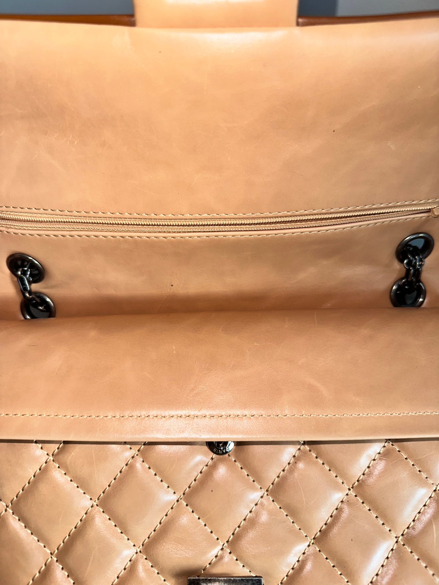 Chanel Reissue 226 Medium Double Flap Beige Two Tone Lambskin Quilted Handbag Bag Pre-Owned