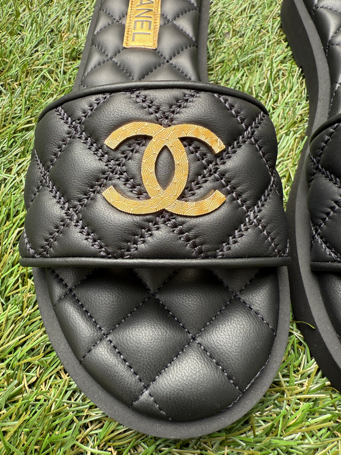 Chanel SS25 Black Leather Quilted CC Gold Tone Logo Sandals Slides Mules
