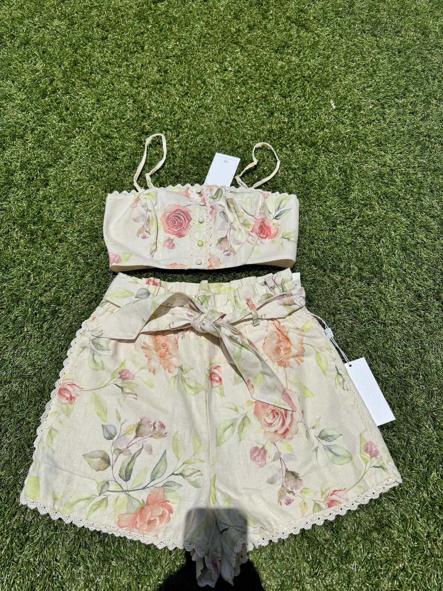 Caroline Constas Floral Linen Crochet Belted Summer 2 Piece Suite Shorts Top