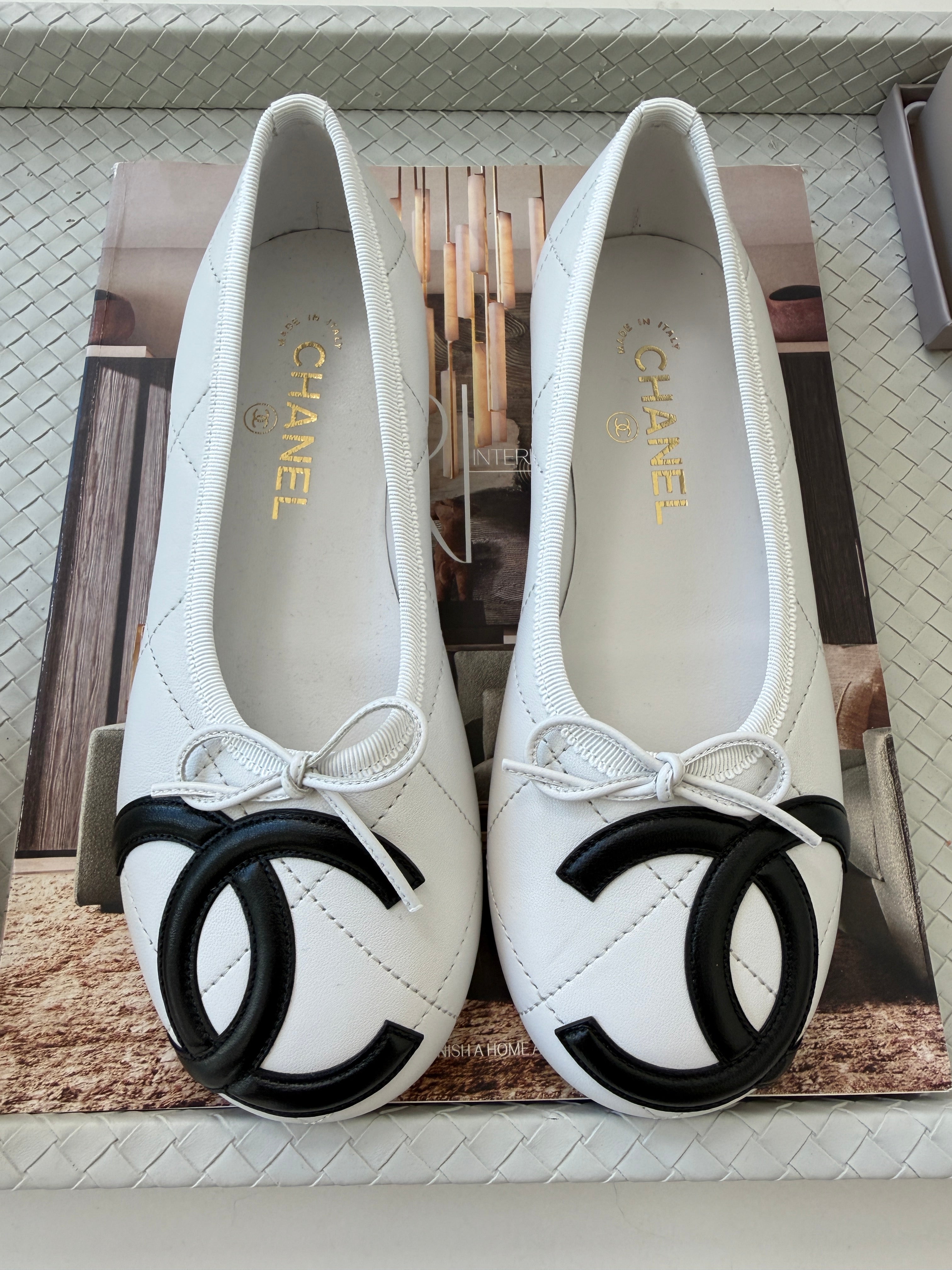 Chanel Cambon 2026 Quilted CC Logo White Black Leather Ballet