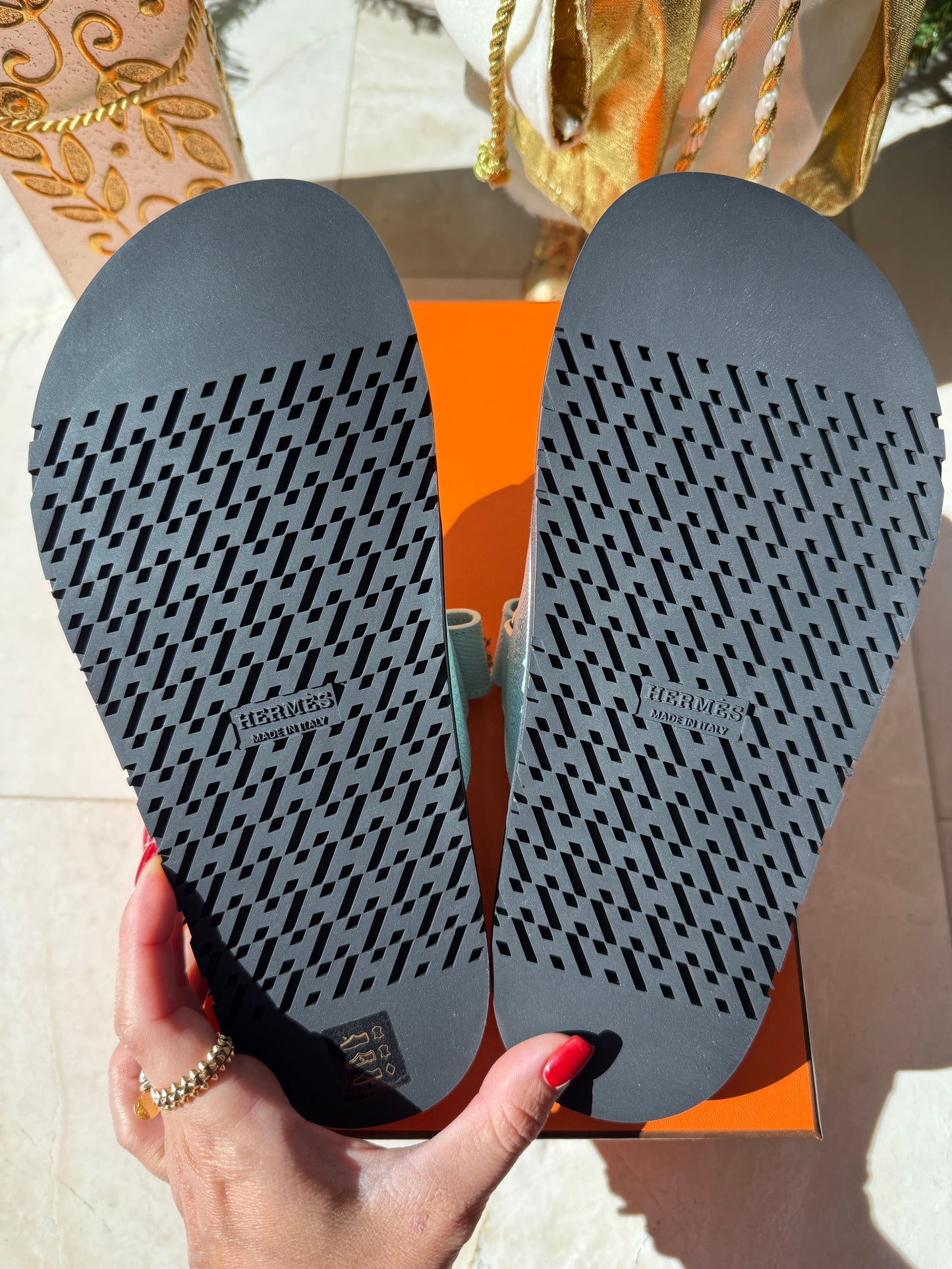 HERMES H CHYPRE BLUE BLEU CRISTAUX EPSOM LEATHER SANDALS SHOES FLAT SLIDES