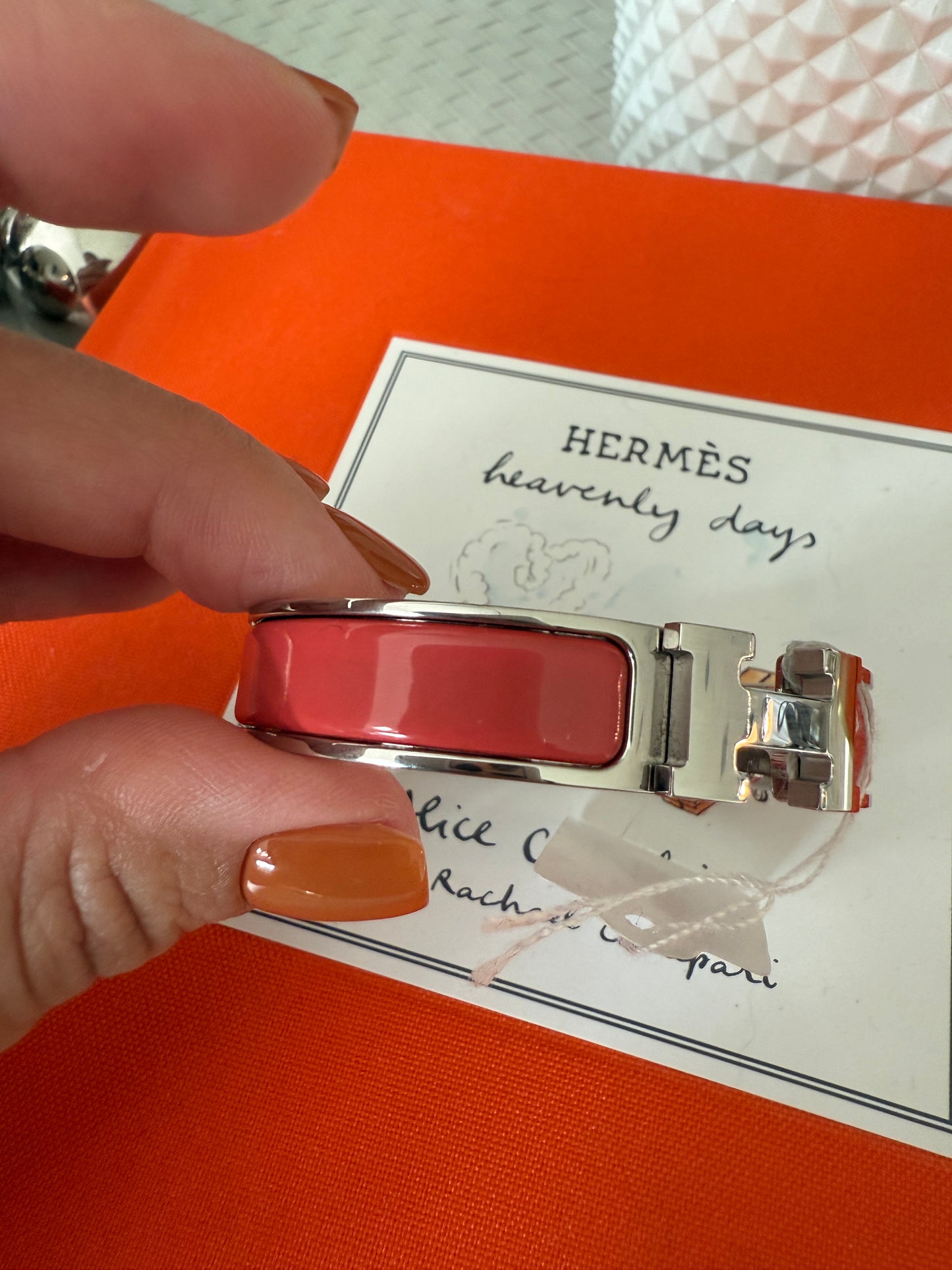 Hermes Clic H Clac Rouge Corail Coral Enamel Palladium Plated Bracelet PM New