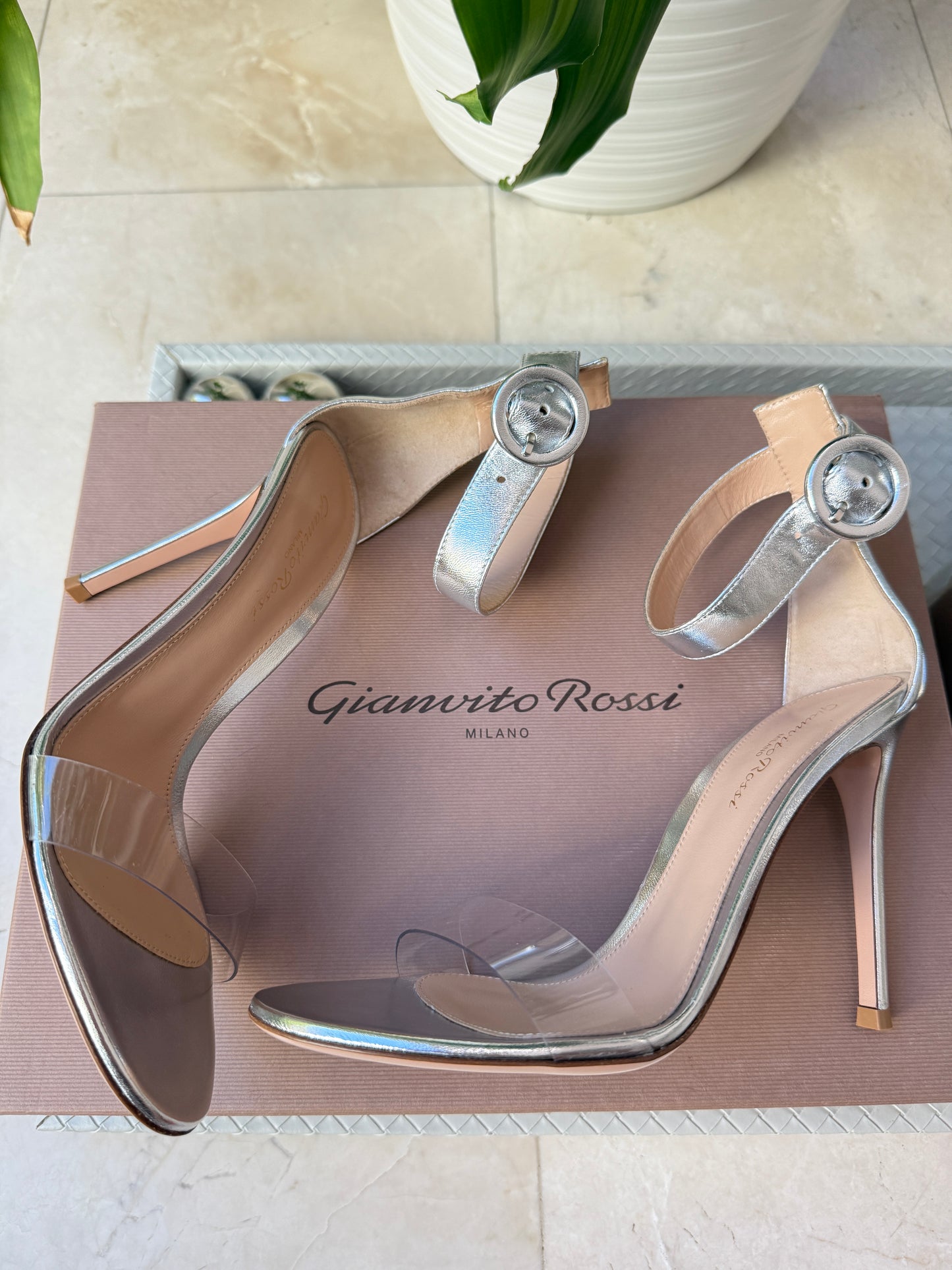 Gianvito Rossi Portofino 105 Silver Metallic Leather Ankle Strap PVC Sandals Pumps Heels