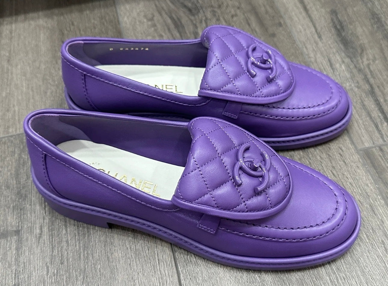 Chanel 23P Purple Quilted Flap Turn Lock CC Logo Slip On Flat Oxford Loafers Mocassins