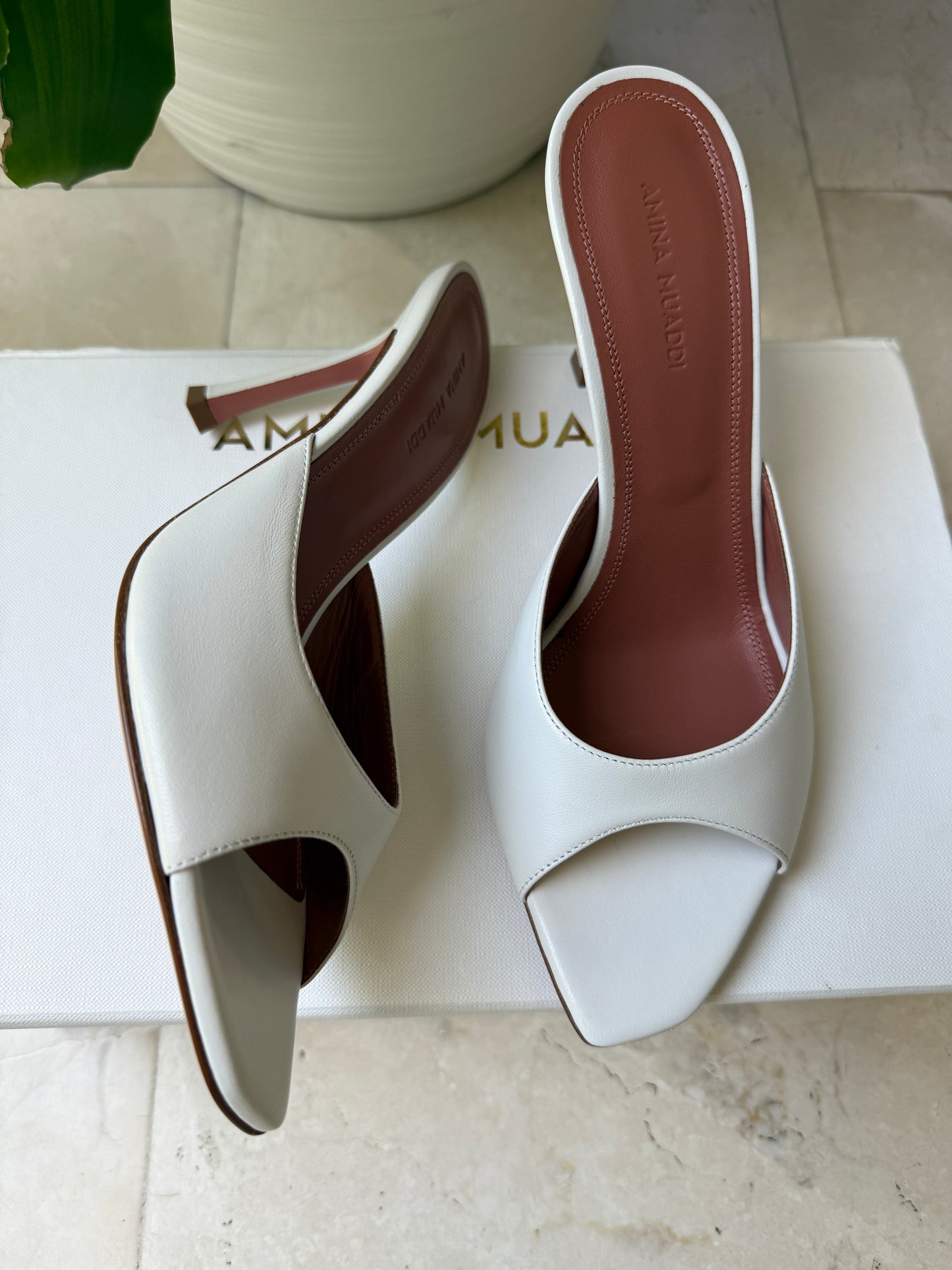 Amina Muaddi Alexa Slipper Peep Toe Slide White Leather Shoes Heels 90mm