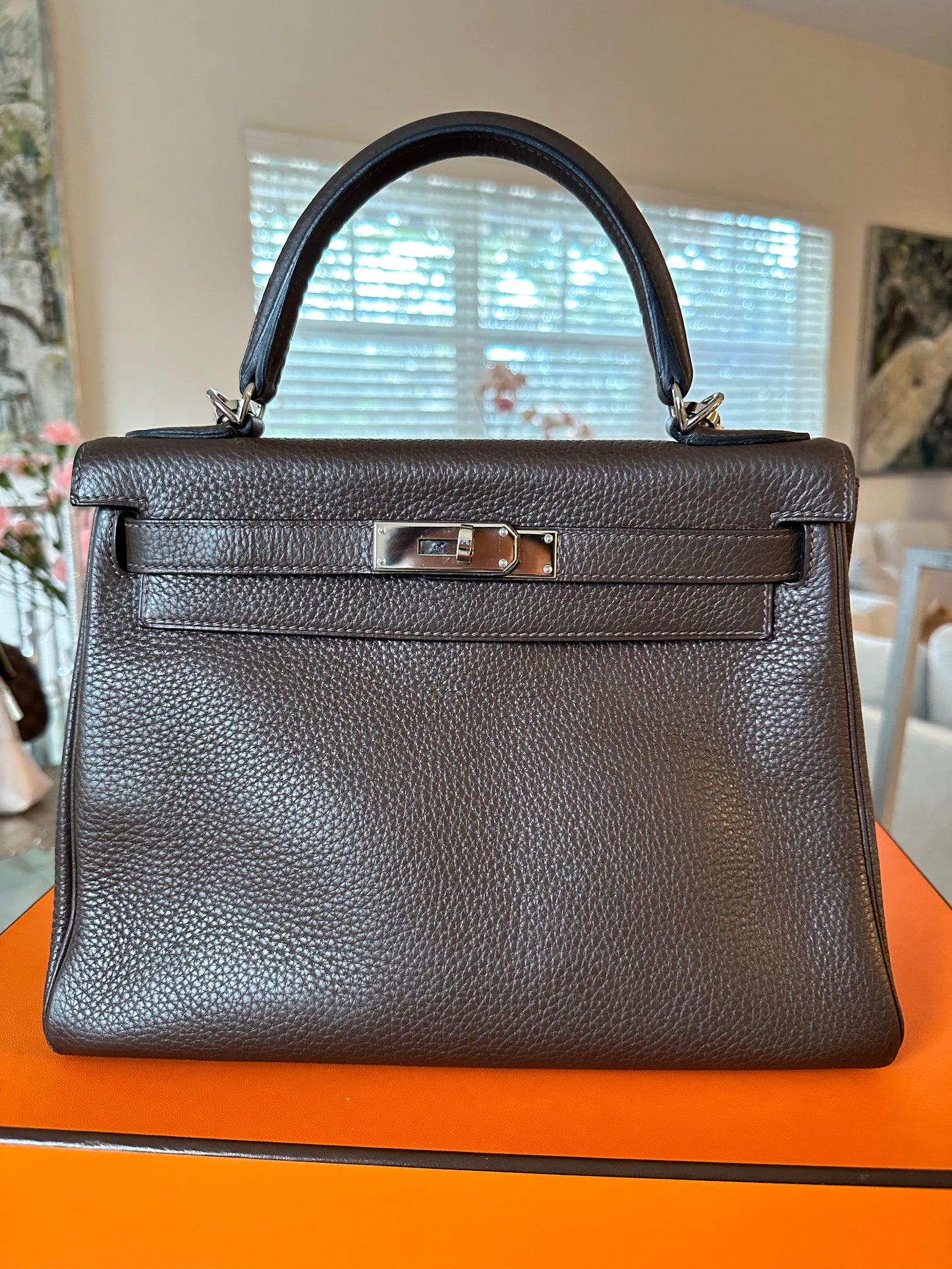 Hermes Kelly 28 Cafe Coffee Brown Clemence Palladium Hardware PHW Pre-Owned