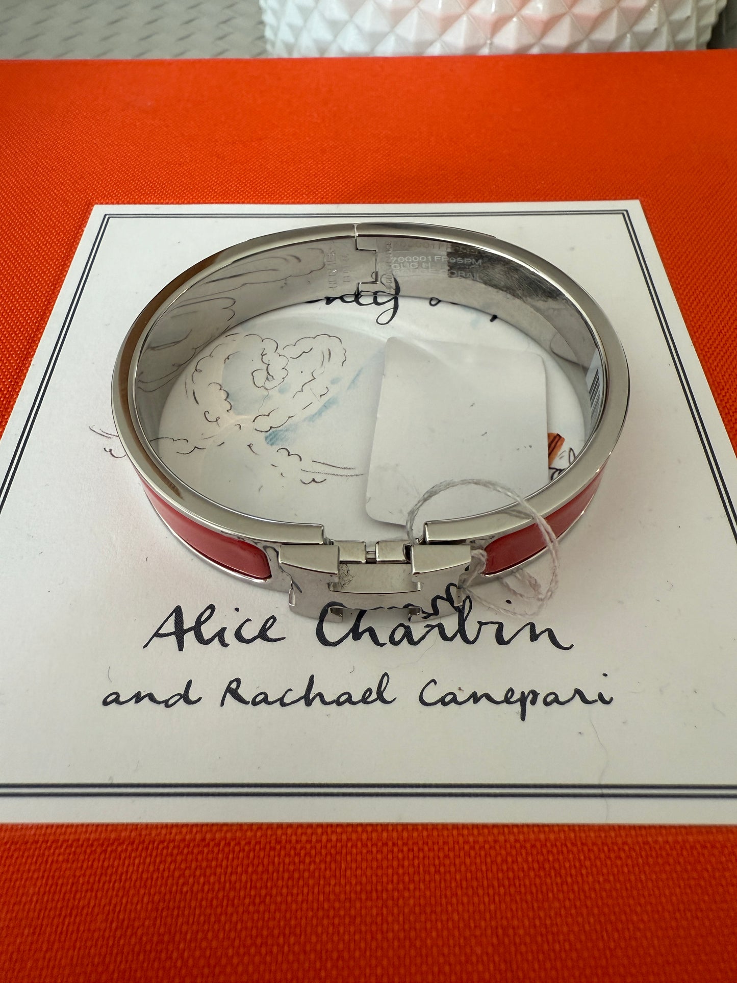 Hermes Clic H Clac Rouge Corail Coral Enamel Palladium Plated Bracelet PM New