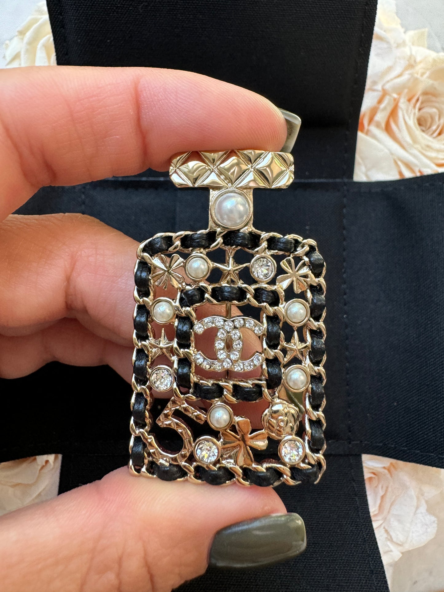 Chanel 21V Black Lambskin Pearl Quilted Chain CC Crystals Perfume Bottle Brooch Gold Tone Pin