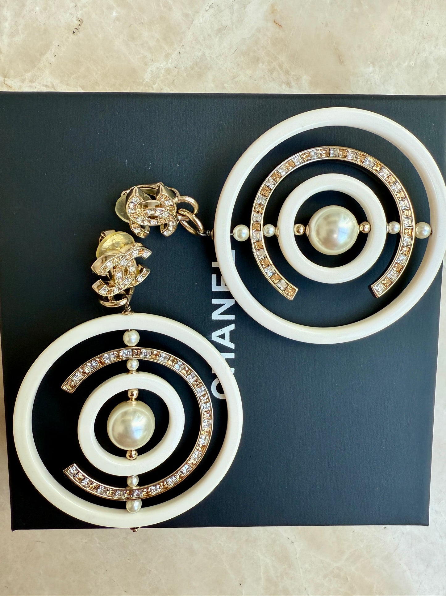 Chanel 18B Ivory White Resin Plastic Disco CC Logo Crystal Gold Tone Pearls Round Clip on Earrings Drop Hoop
