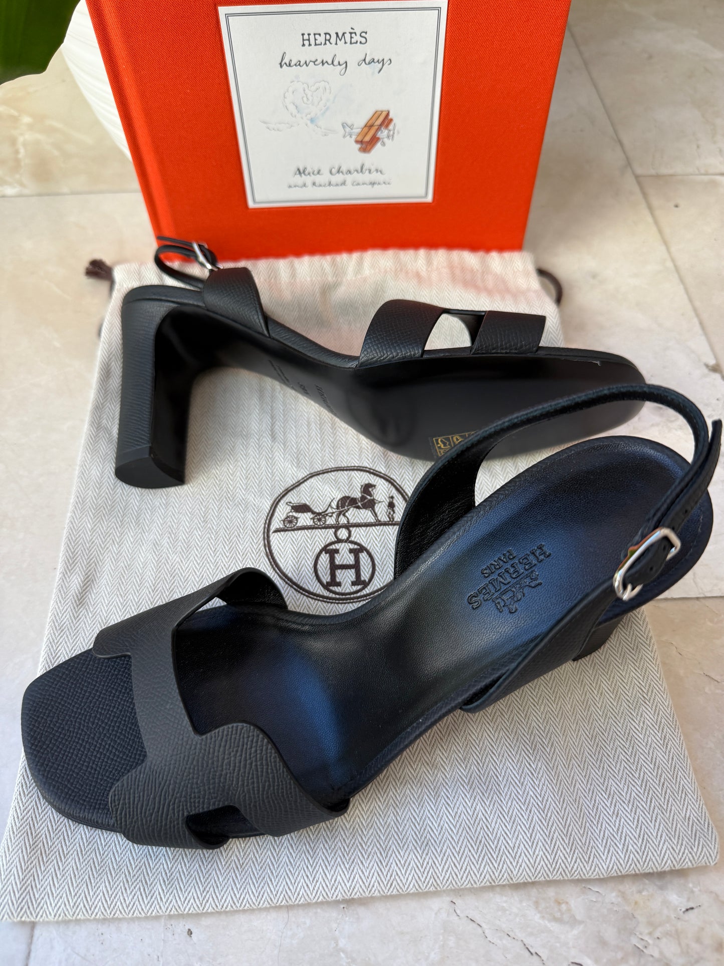 HERMES ETERNITE 80 SANDALS BLACK NOIR EPSOM HIGH HEELS SLINGBACK SHOES