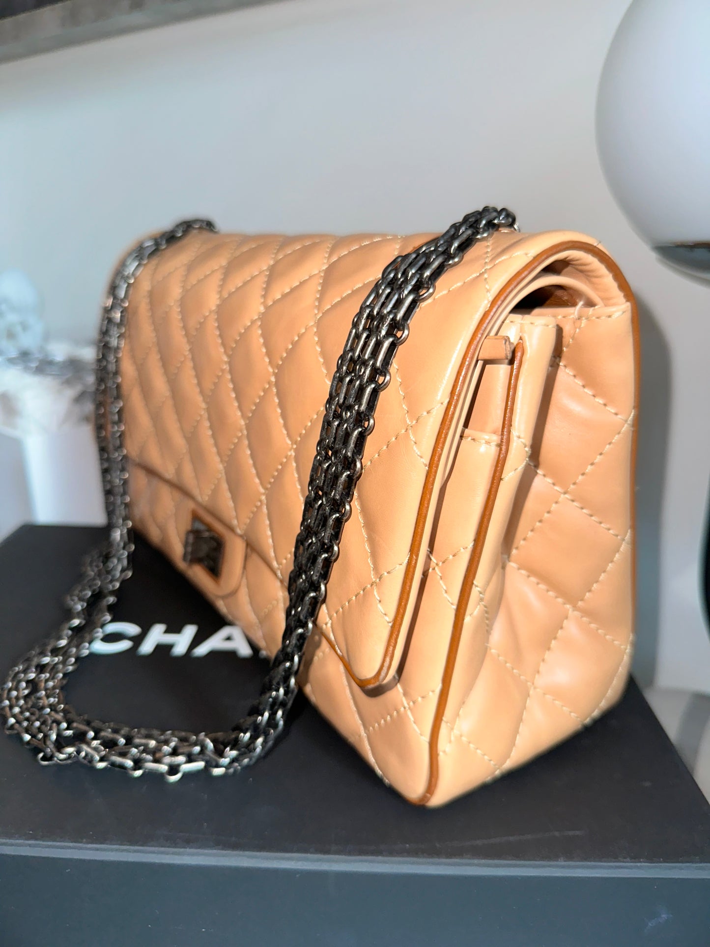 Chanel Reissue 226 Medium Double Flap Beige Two Tone Lambskin Quilted Handbag Bag Pre-Owned