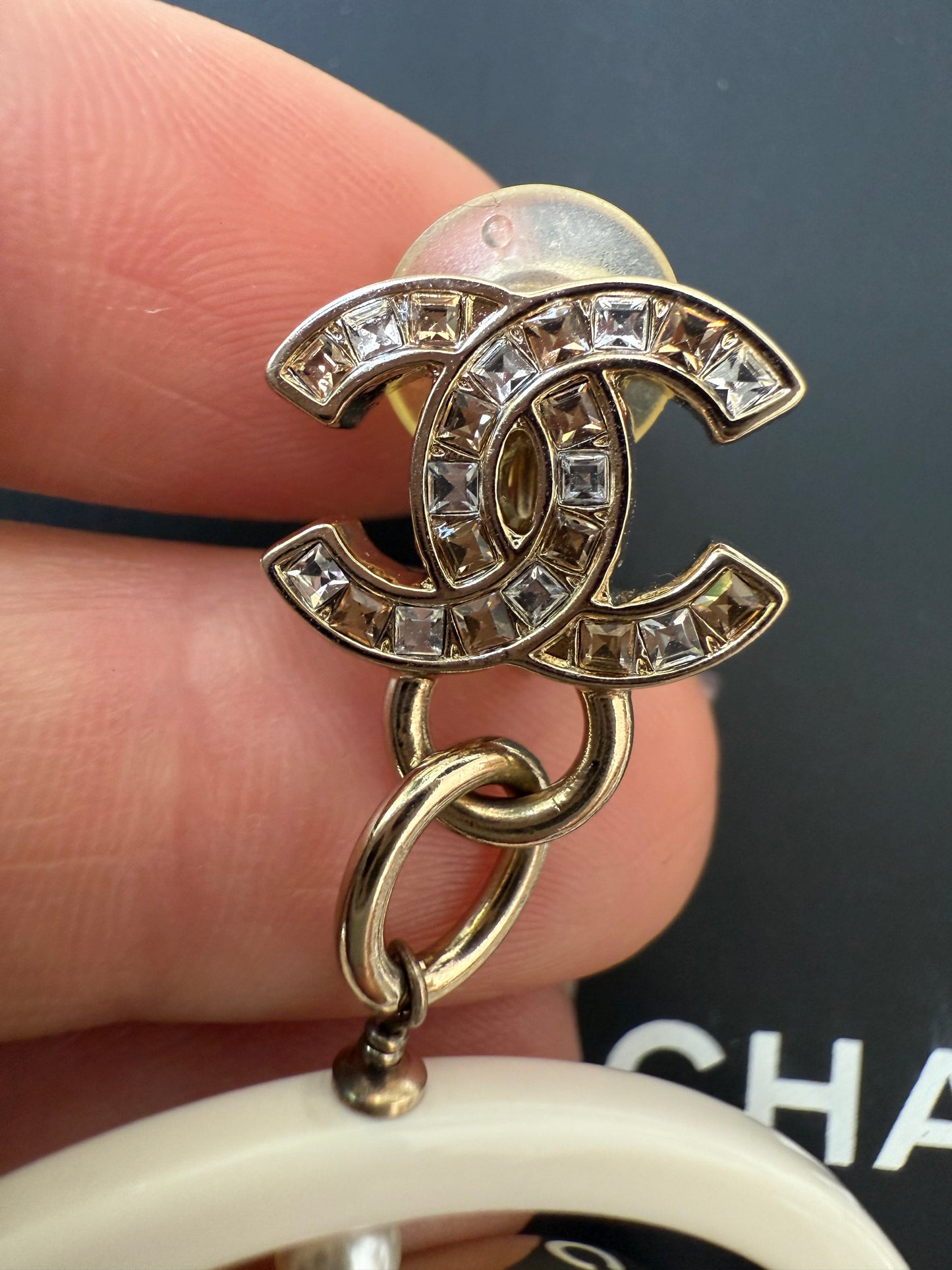 Chanel 18B Ivory White Resin Plastic Disco CC Logo Crystal Gold Tone Pearls Round Clip on Earrings Drop Hoop