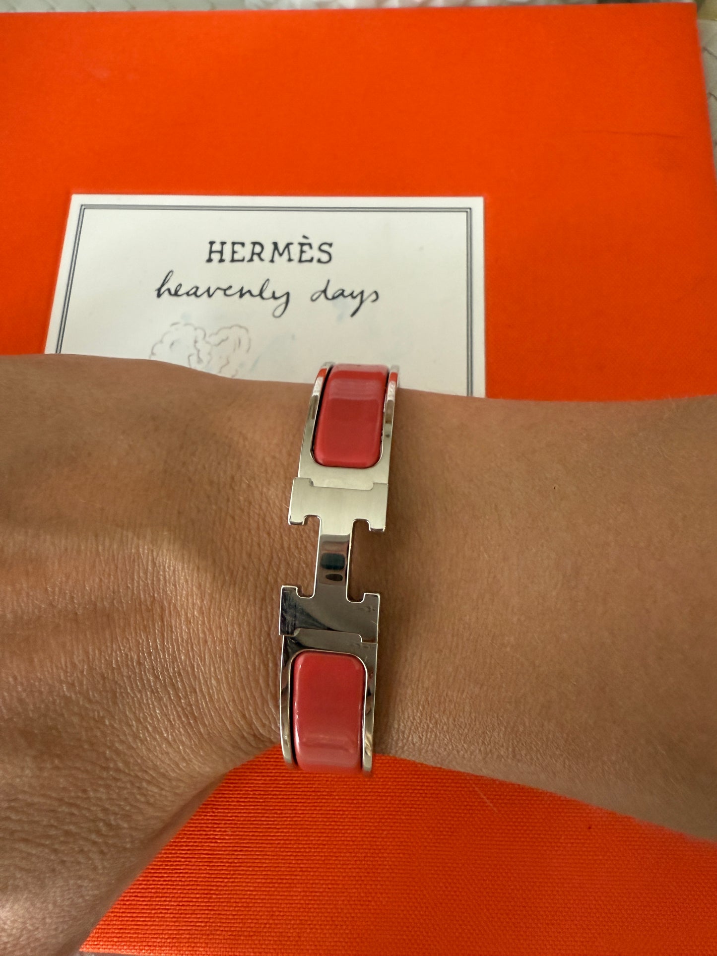 Hermes Clic H Clac Rouge Corail Coral Enamel Palladium Plated Bracelet PM New