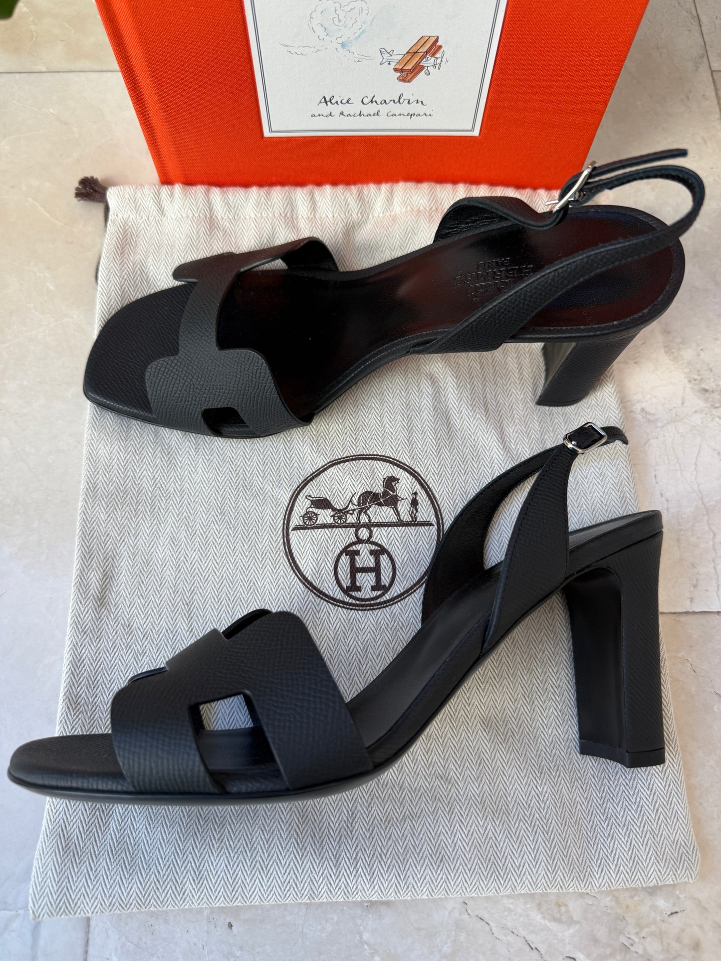 HERMES ETERNITE 80 SANDALS BLACK NOIR EPSOM HIGH HEELS SLINGBACK SHOES