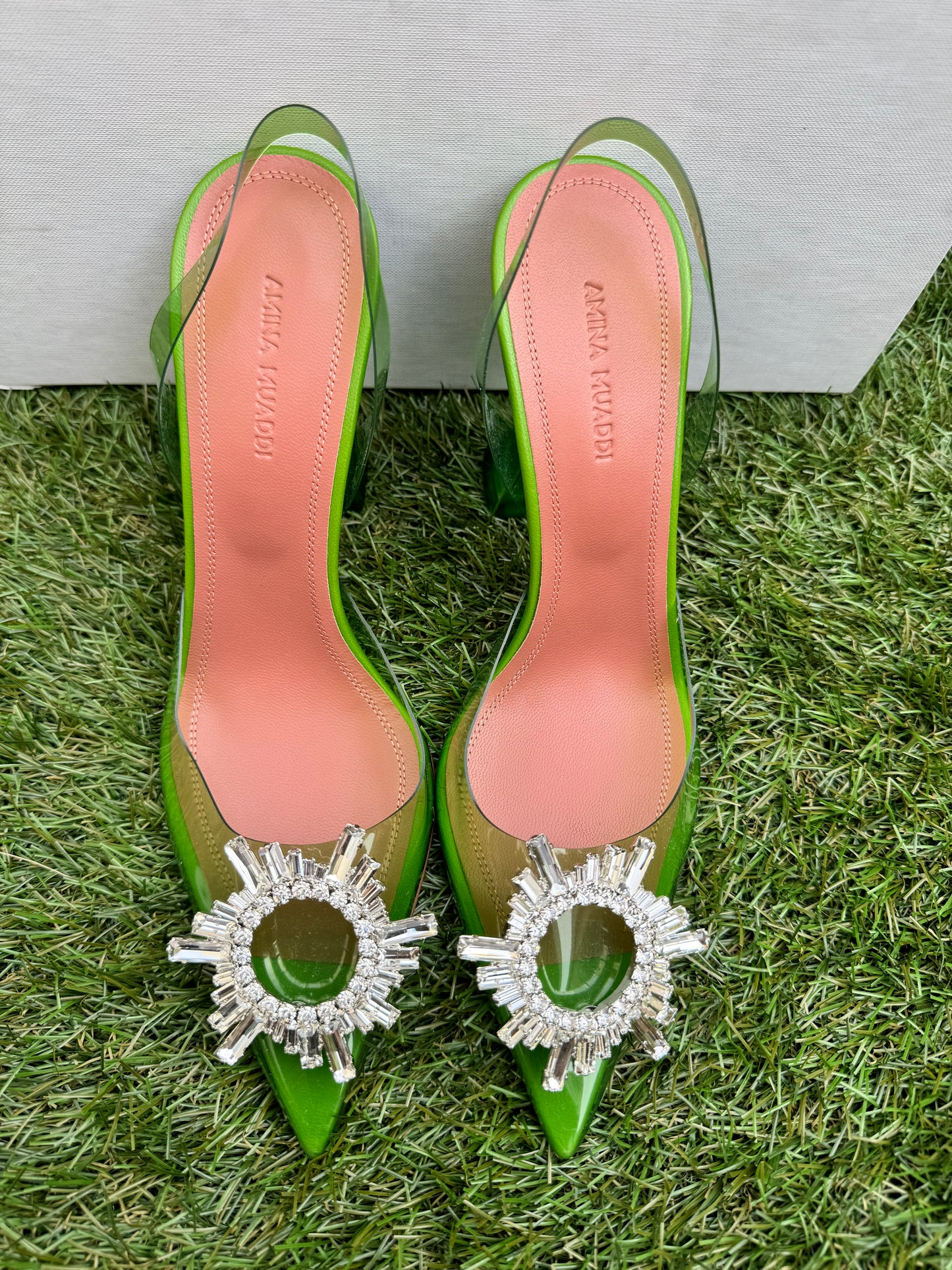 Amina Muaddi Begum Glass Jungle Green PVC Buckle Crystal Embellished Pumps Slingback Heel