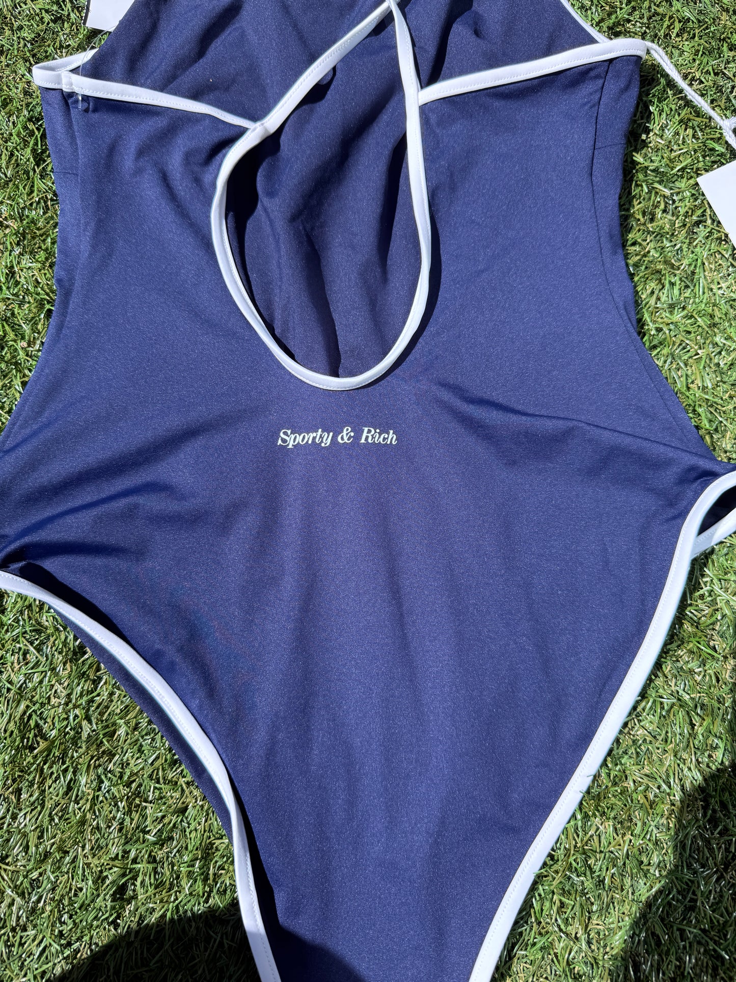 Sporty and Rich Eden-Roc Hotel Du Cap Navy Blue Crest One Piece Swimsut