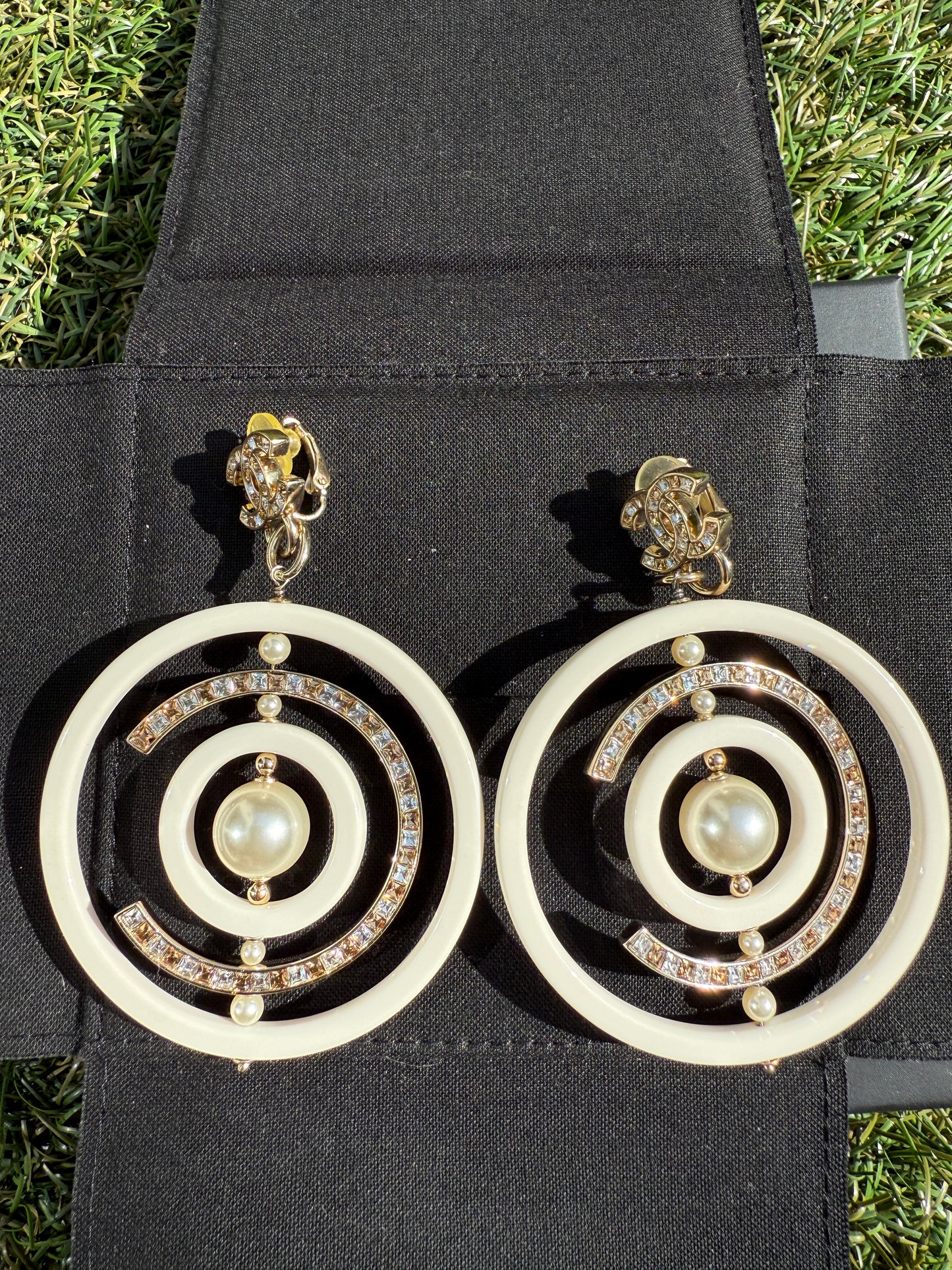 Chanel 18B Ivory White Resin Plastic Disco CC Logo Crystal Gold Tone Pearls Round Clip on Earrings Drop Hoop