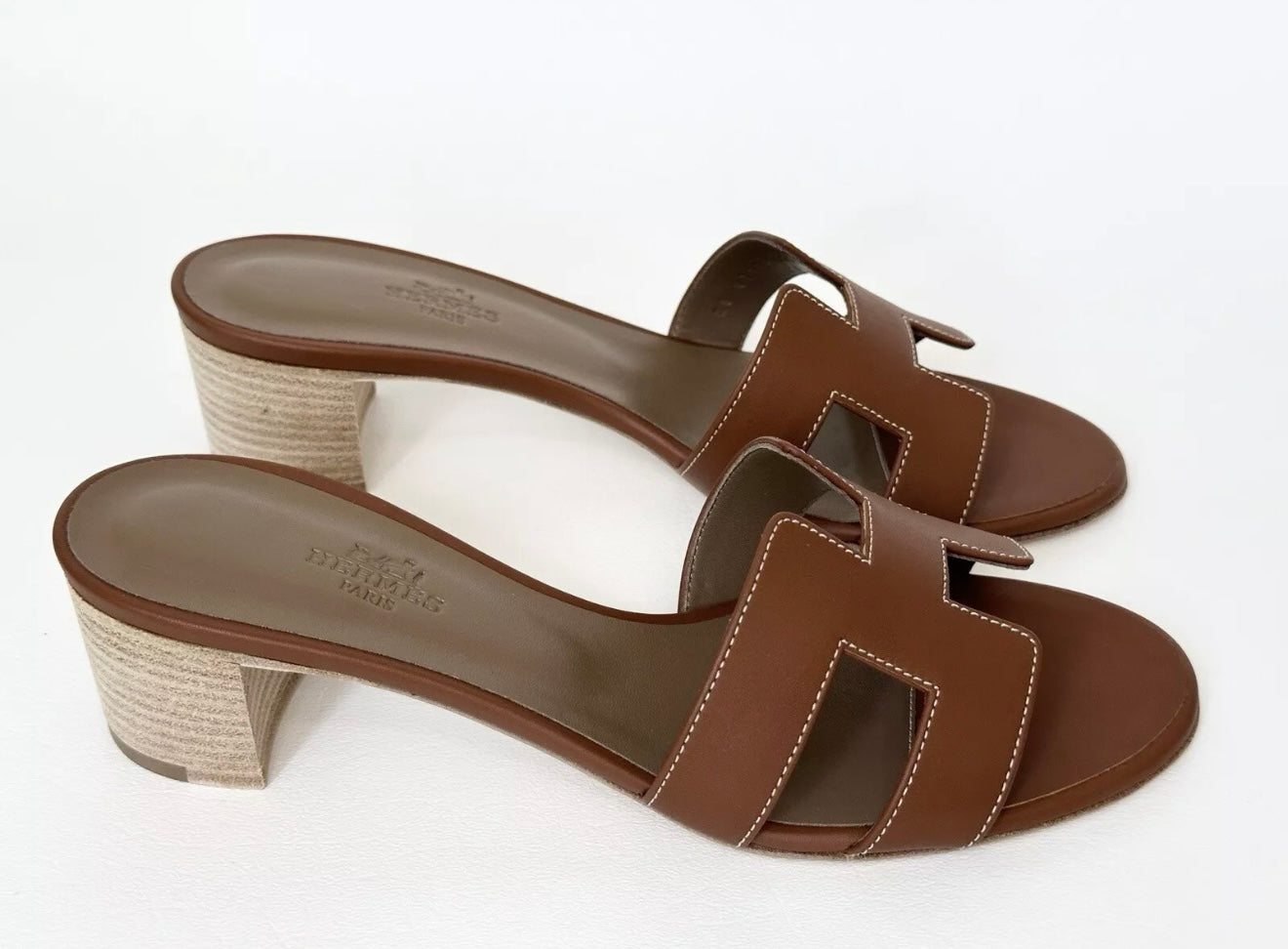 HERMES H OASIS SANDALS IN GOLD BROWN LEATHER SHOES MULES SLIDES HEELS