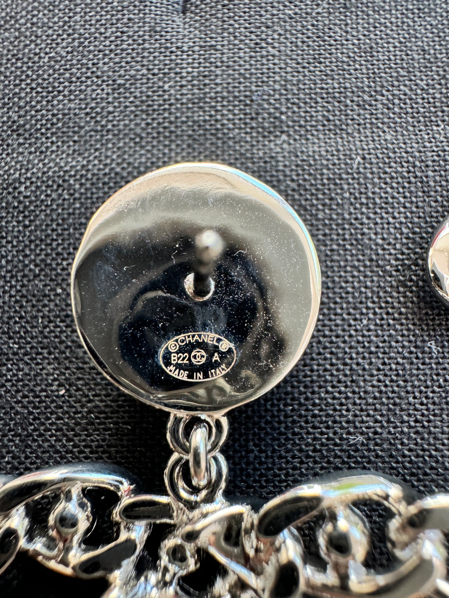 Chanel 22A CC Logo Silver Chain Chained Stud Big Large Drop Dangle Earrings
