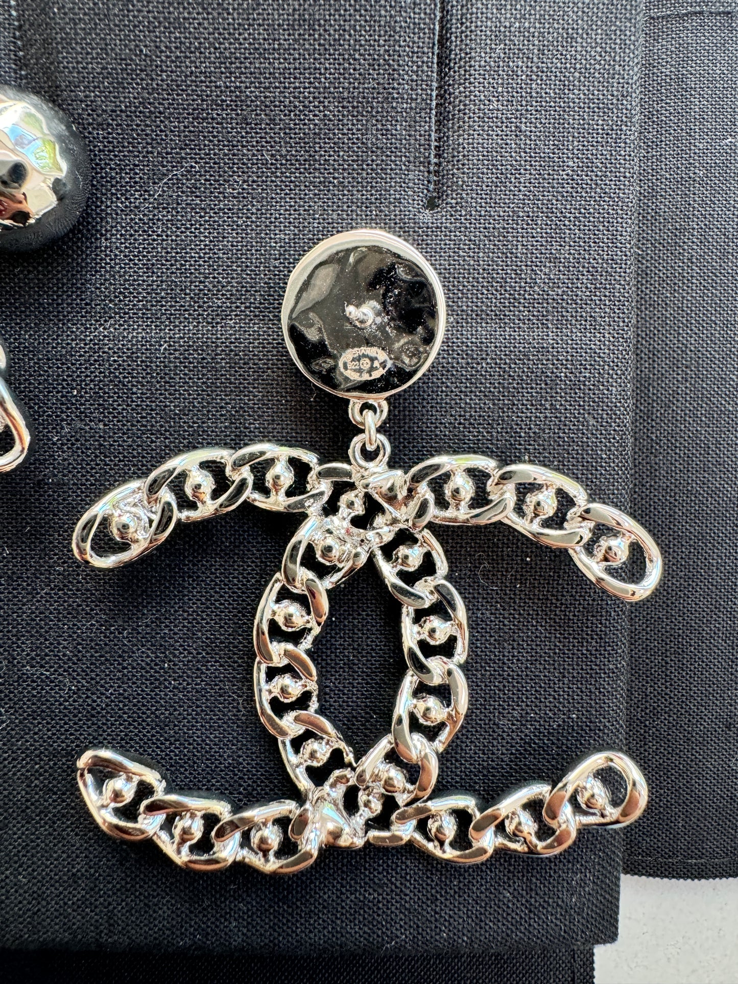 Chanel 22A CC Logo Silver Chain Chained Stud Big Large Drop Dangle Earrings